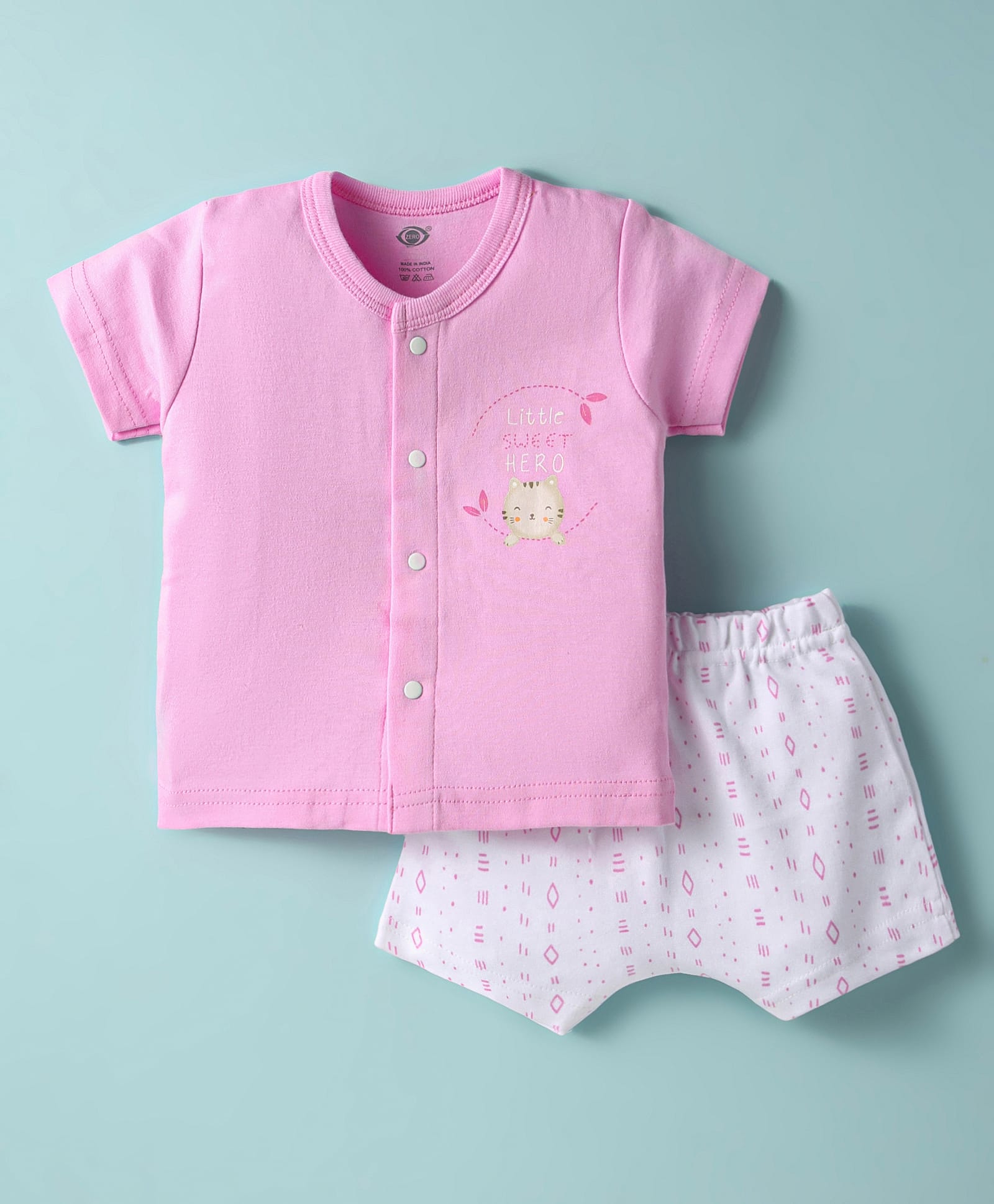 Zero Sinker Knit Half Sleeves Shorts Night Suit With Cat Print - Pink & White-image-42