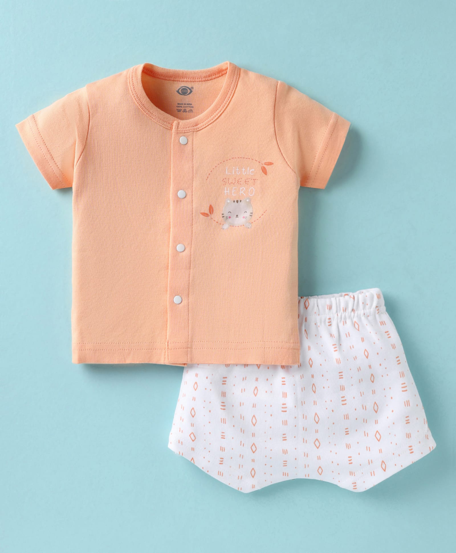 Zero Sinker Knit Half Sleeves Shorts Night Suit With Cat Print - Orange & White-image-37