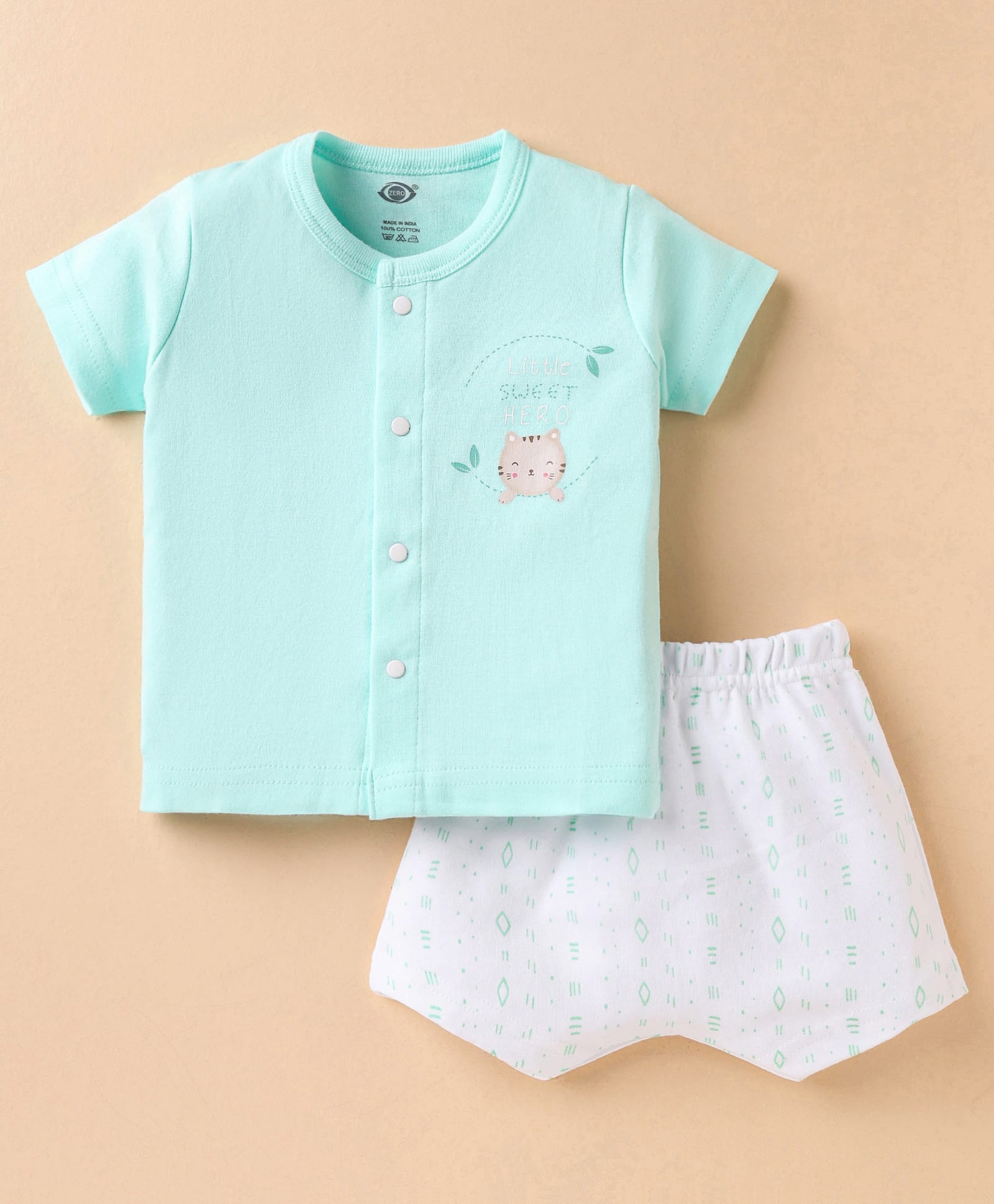 Zero Sinker Knit Half Sleeves Shorts Night Suit With Cat Print - Aqua Blue & White-image-41