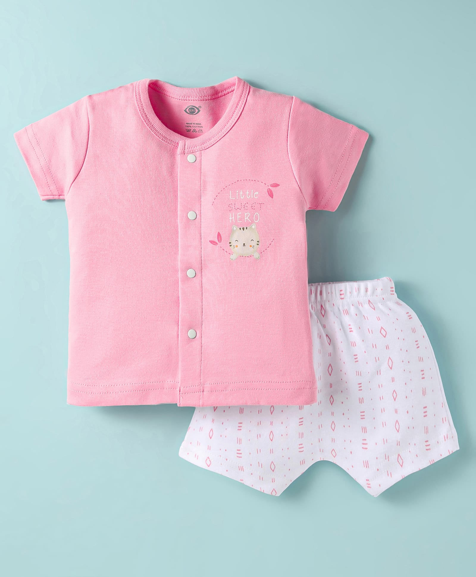Zero Sinker Knit Half Sleeves Shorts Night Suit With Cat Print - Peach & White-image-38