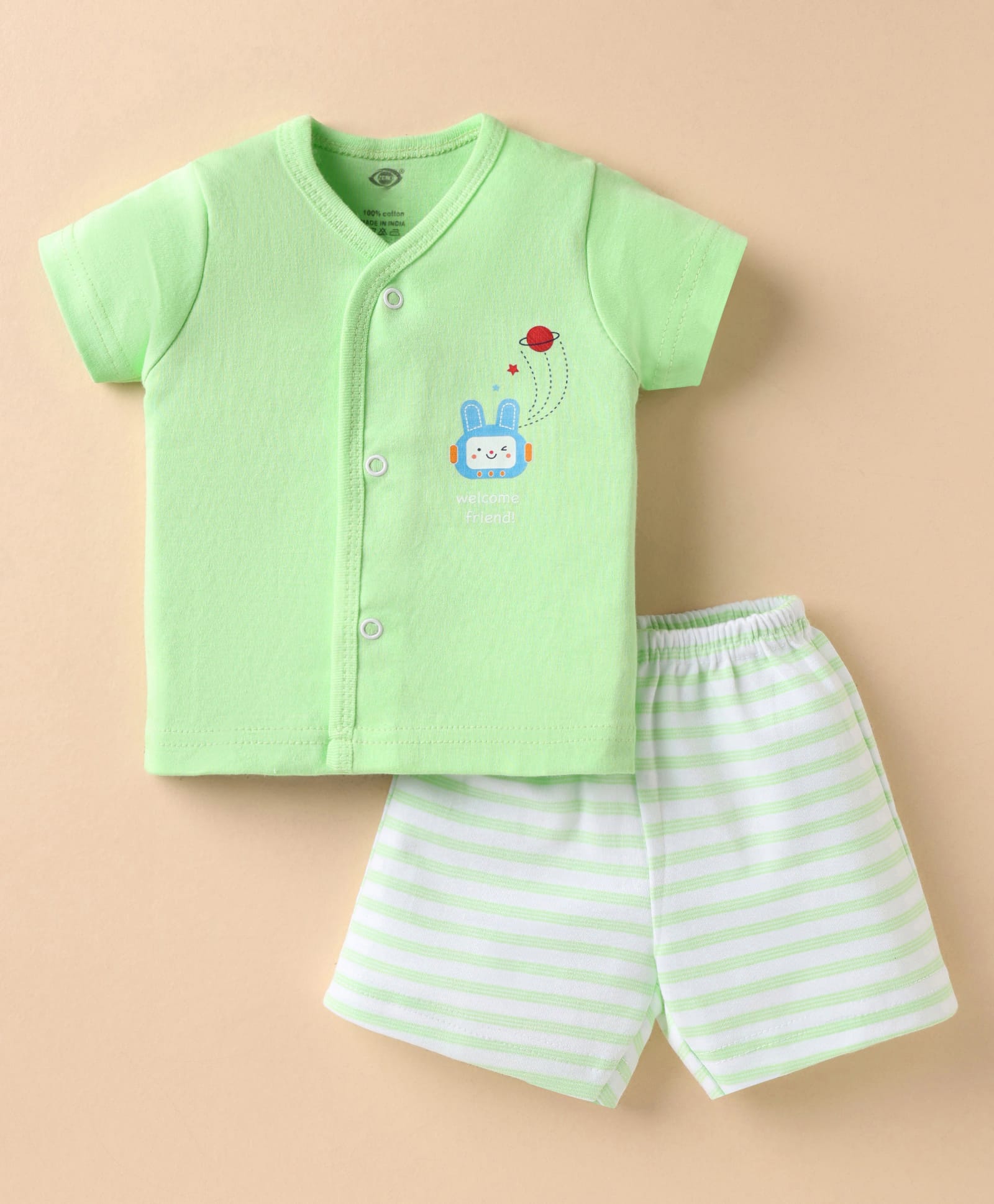 Zero Sinker Knit Half Sleeves Shorts Night Suit With Stripes & Welcome Friend Text Print - Light Green & White-image-15