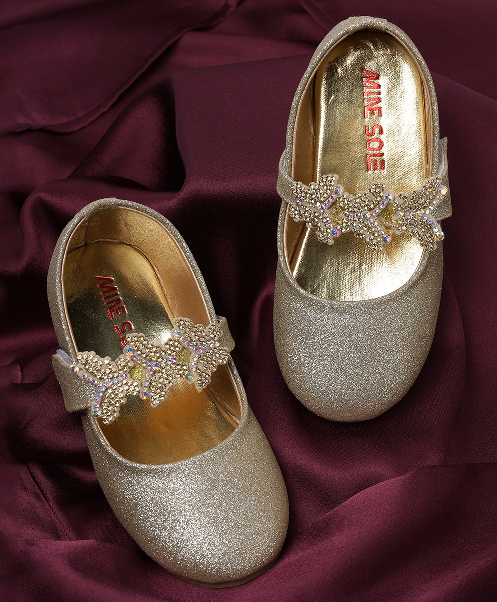 Mine Sole Bow Applique Detailed Shimmered & Stones Embellished Mary Jane Ballerinas With Velcro Closure - Gold-image-15