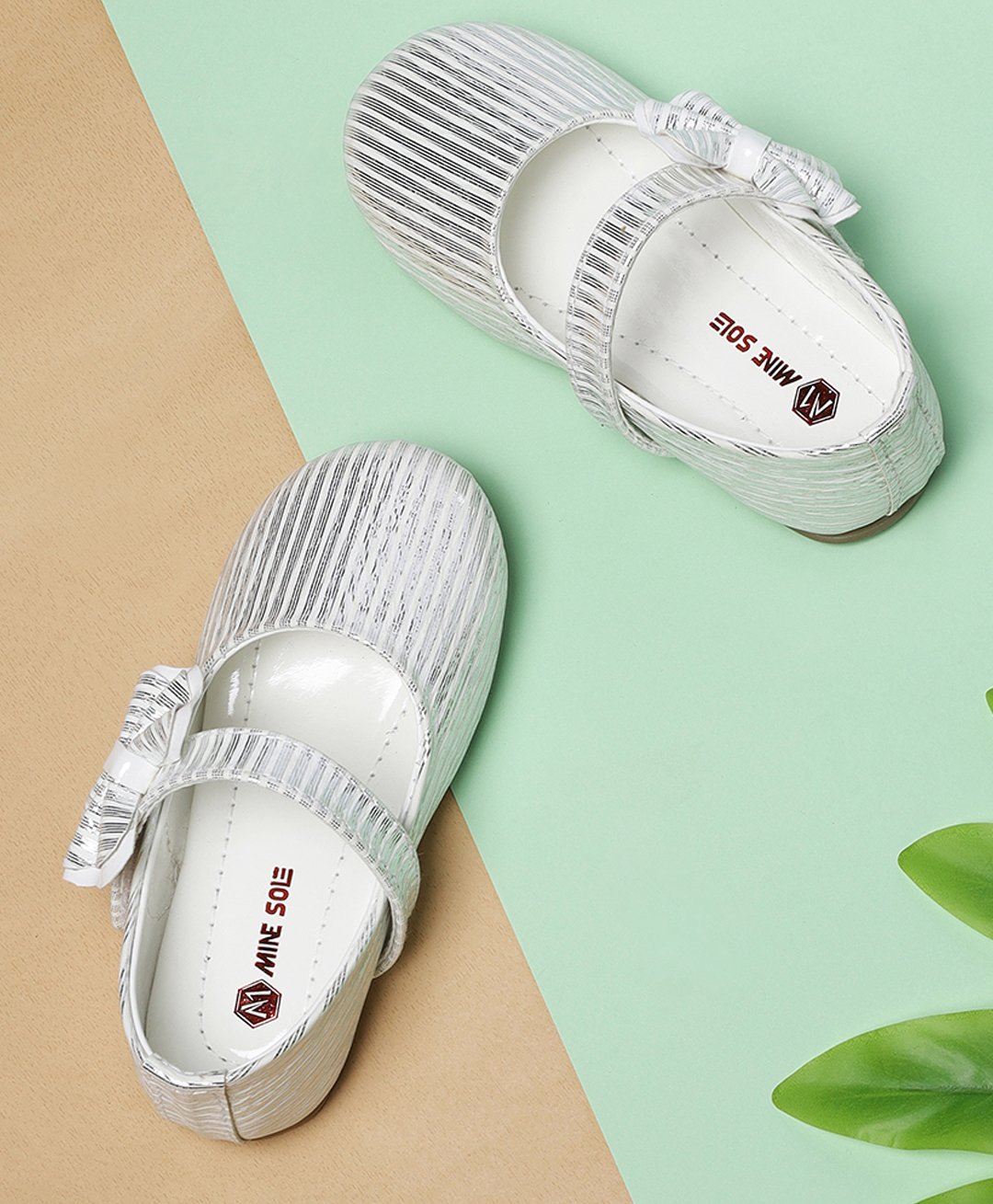 Mine Sole Foil Striped & Bow Designed Mary Jane Ballerinas - White-image-29