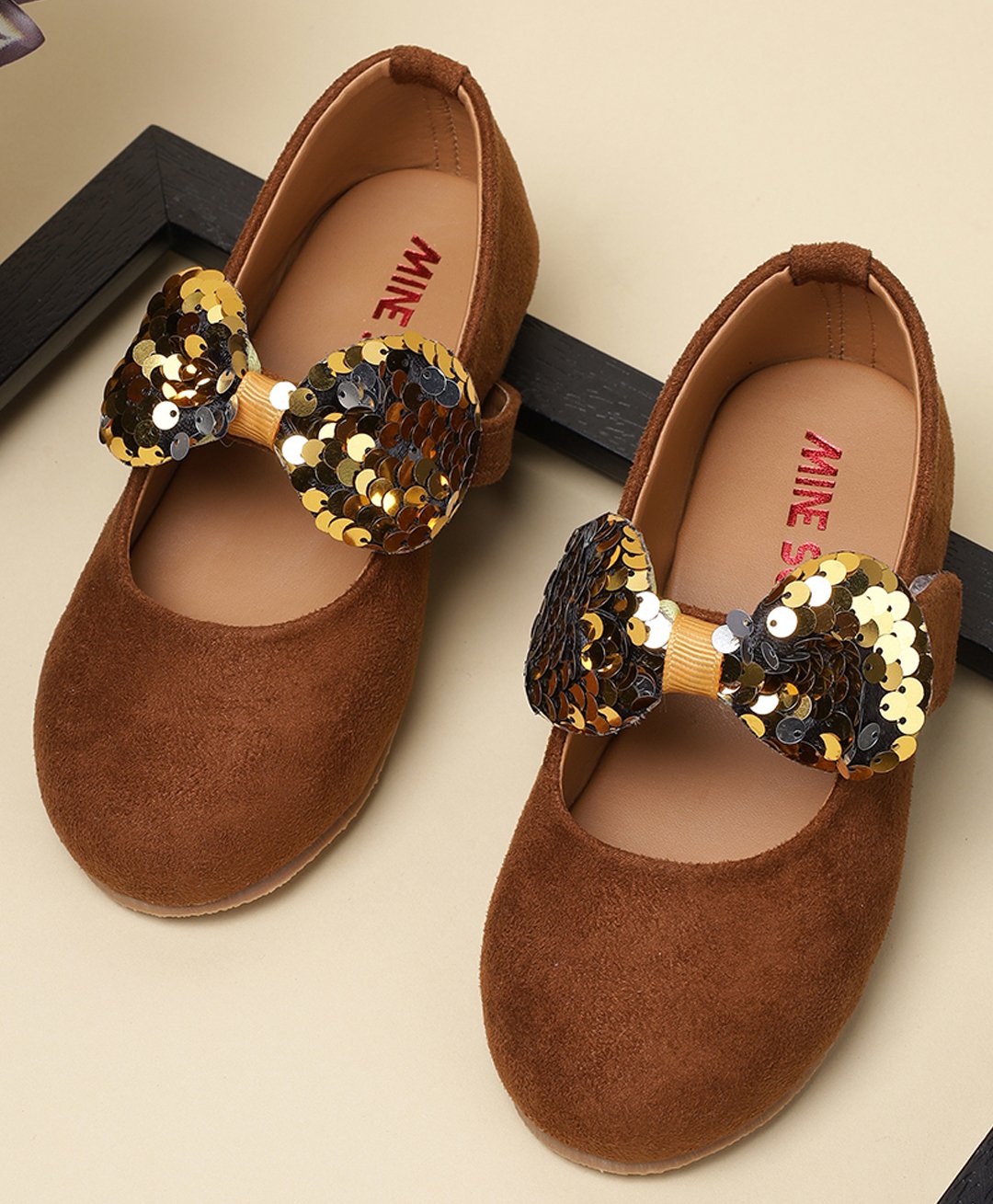 Mine Sole Bow Applique Detailed Sequins Embellished Mary Jane Ballerinas - Dark Brown-image-33