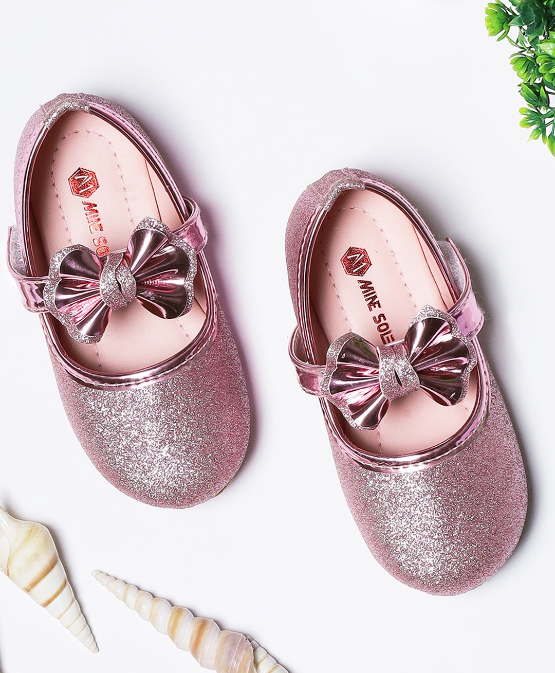 mine sole bow applique detailed glittered mary jane ballerinas - pink