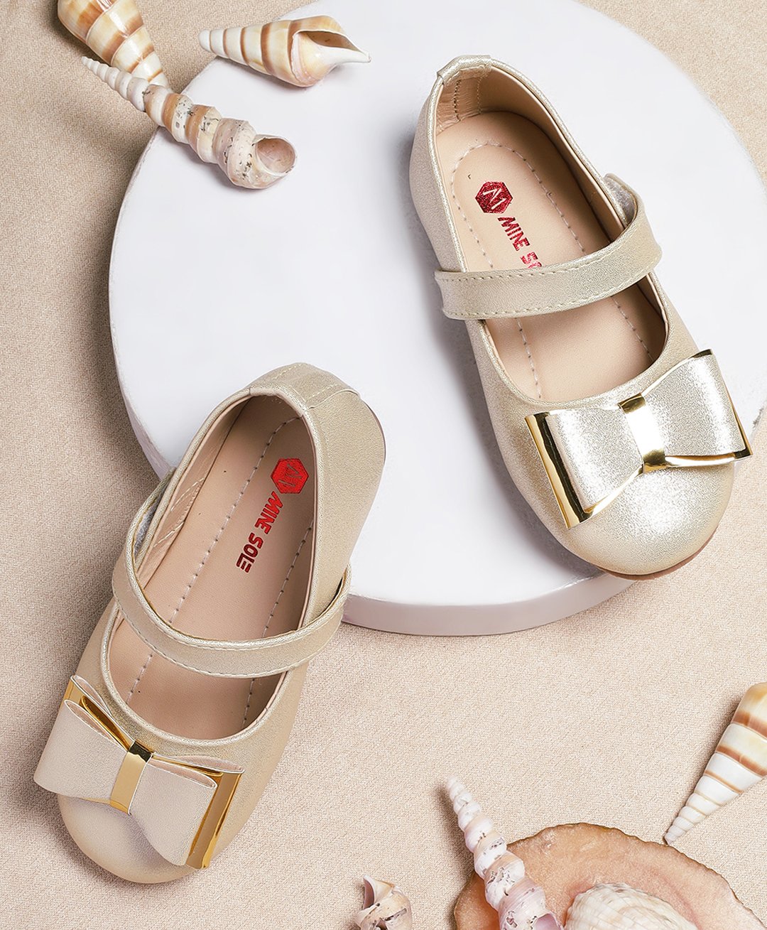 Mine Sole Bow Applique Detailed Mary Jane Ballerinas With Velcro Closure - Gold-image-36