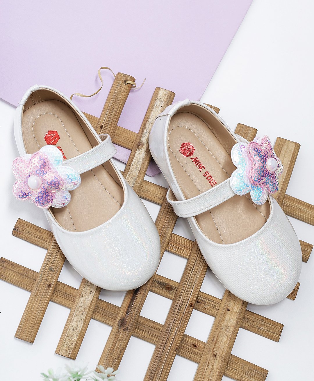 Mine Sole Glittered & Floral Sequins Embellished With Velco Closure Mary Jane Ballerinas - White-image-35