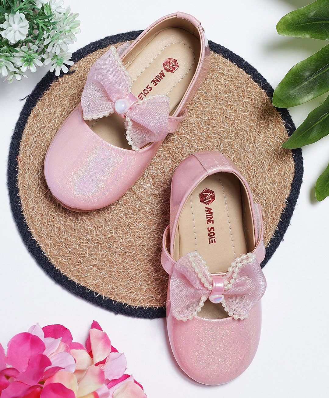 Mine Sole Bow Applique Detailed & Pearl Embellished With Velco Closure Mary Jane Ballerinas - Pink-image-24