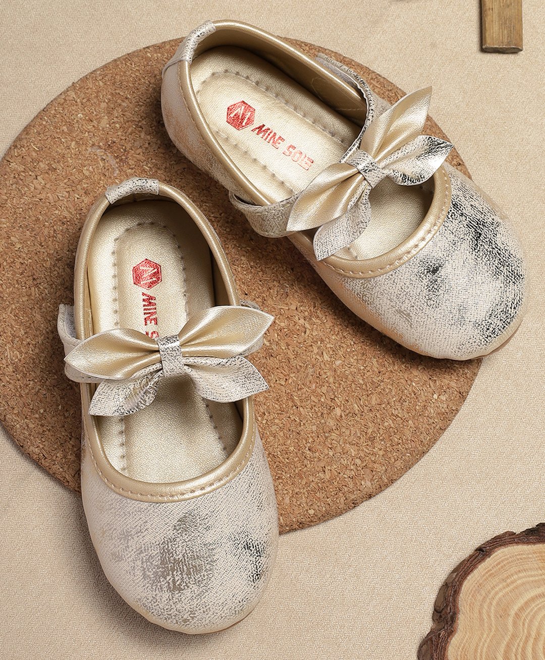 Mine Sole Glittered & Bow Applique Detailed With Velco Closure Mary Jane Ballerinas - Gold-image-29