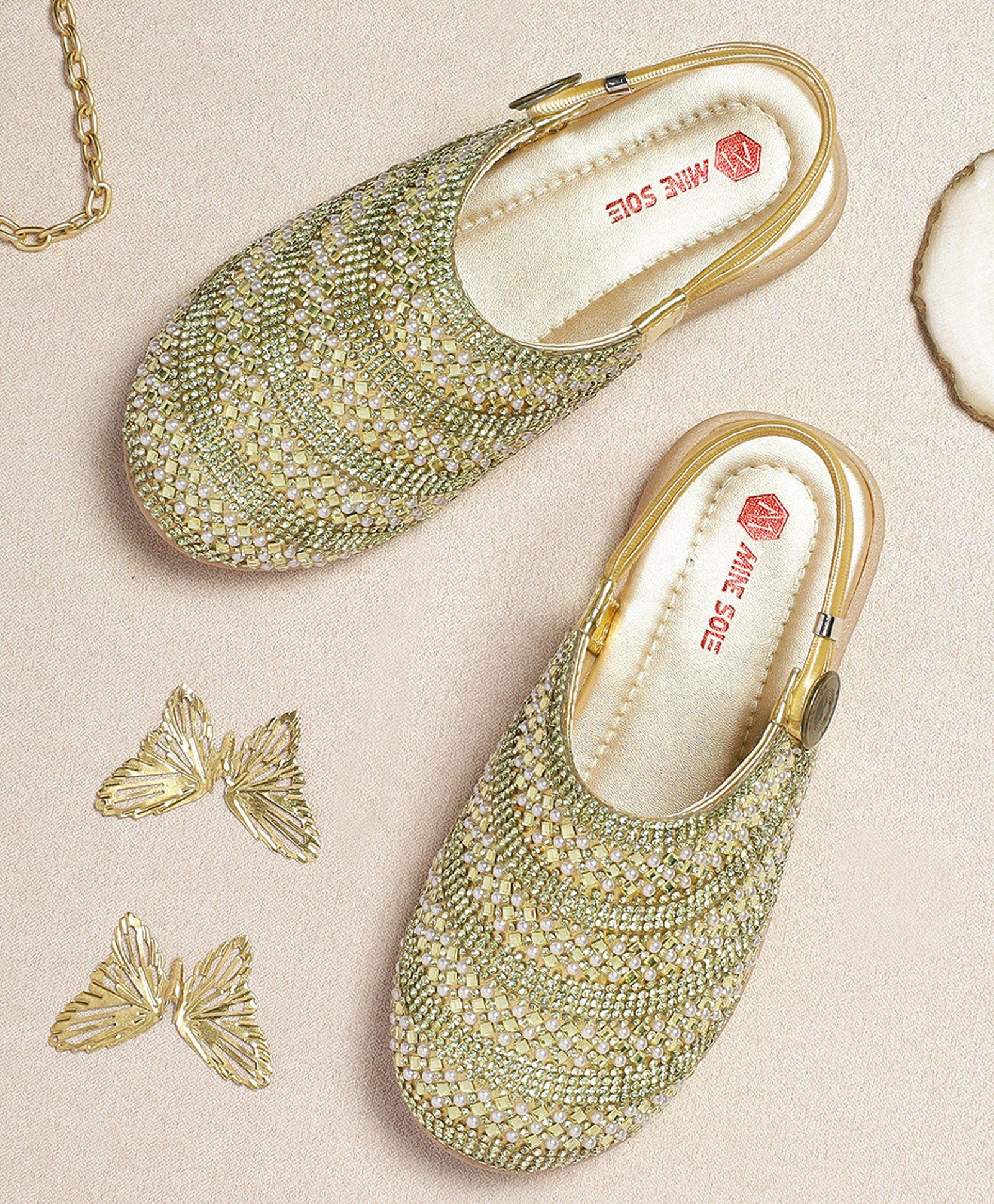 Mine Sole Pearls & Stones Embellished Button Closure Ballerinas - Golden-image-15