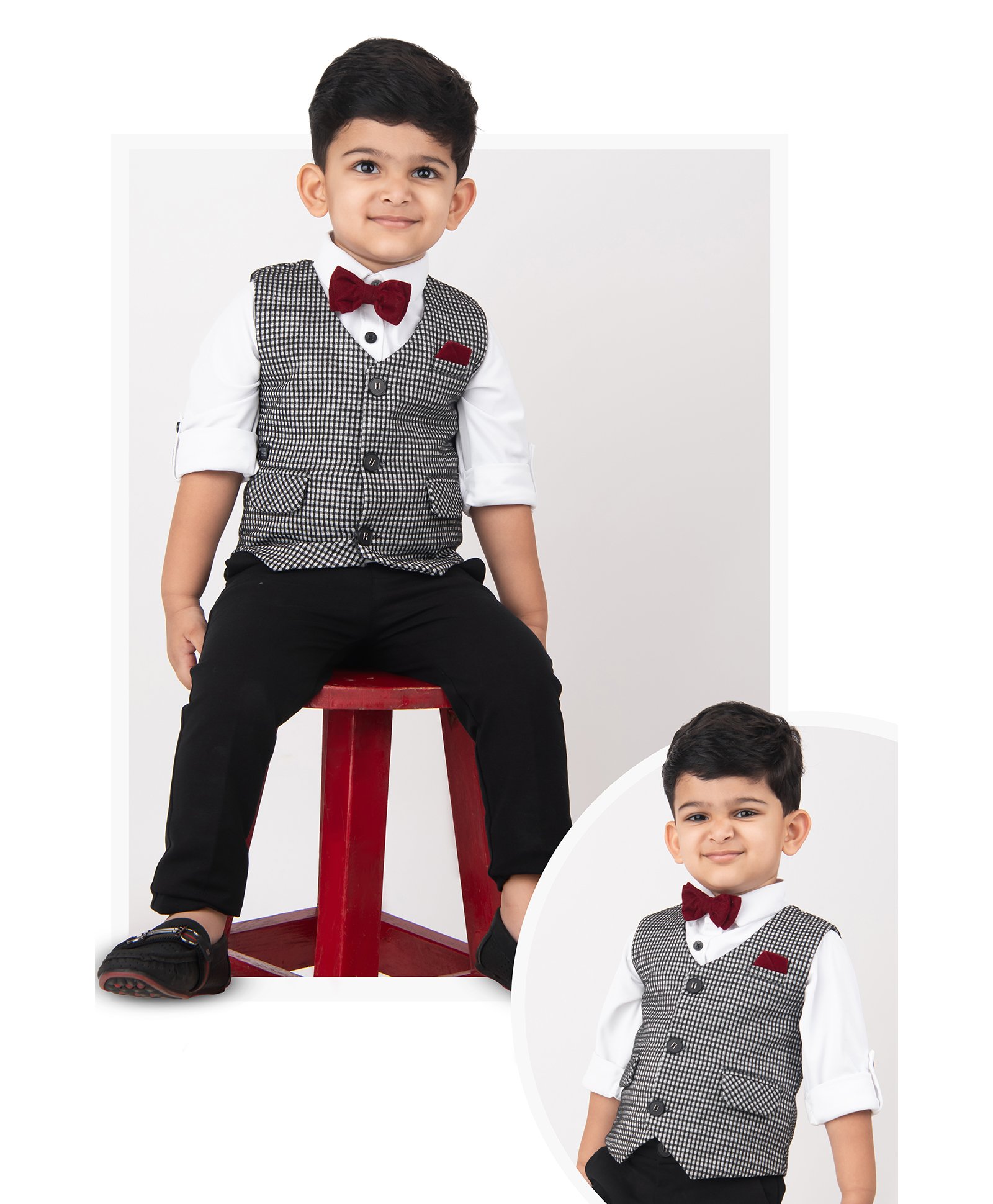 LITTLE COLLARS Blended Full Sleeves Jacquard Checked 3 Piece Party Suit Set With Bow - Black-picture-26