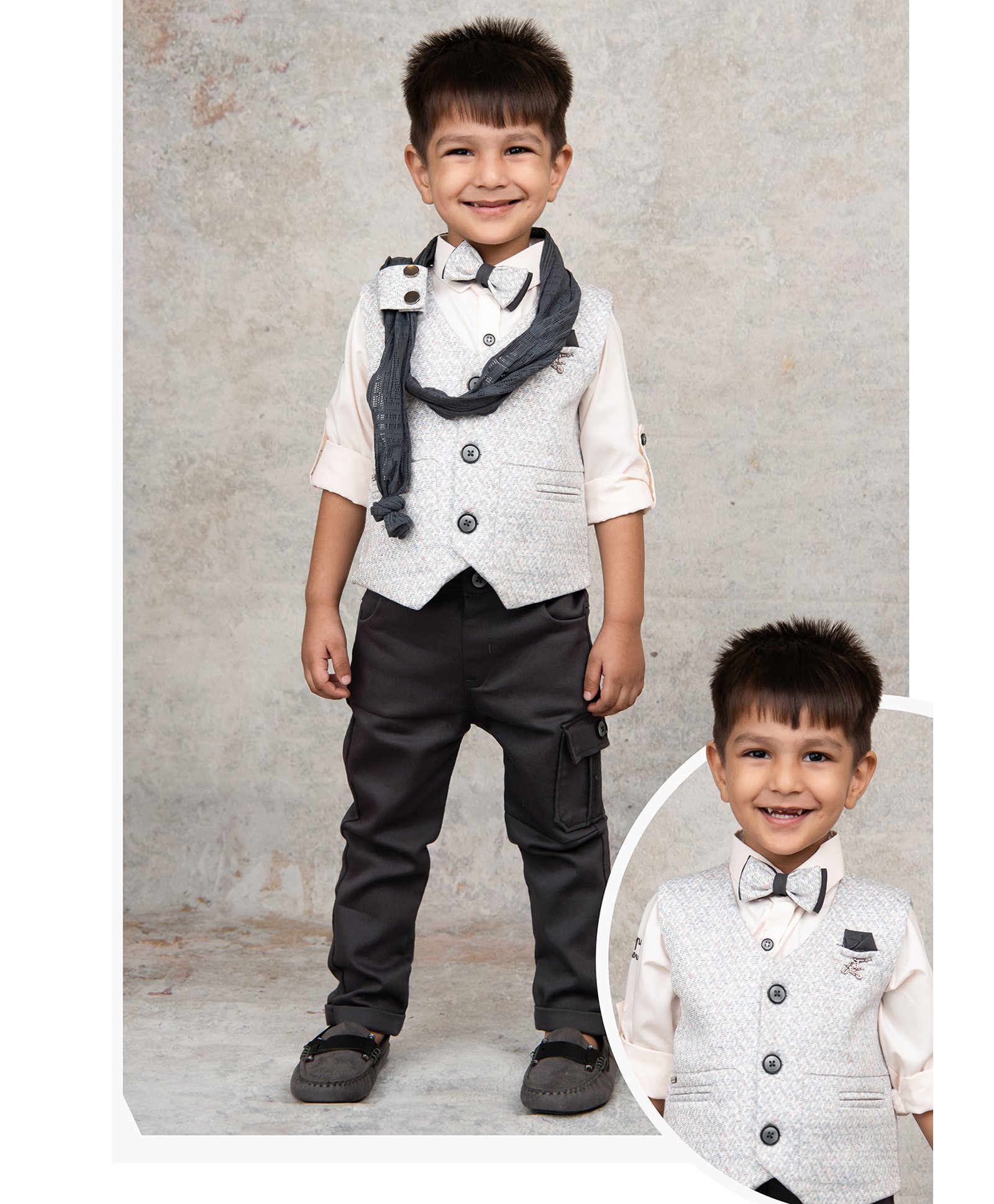 LITTLE COLLARS Cotton Blend Full Sleeves Jacquard 3 Piece Party Suit Set With Bow & Stole - Grey-picture-9