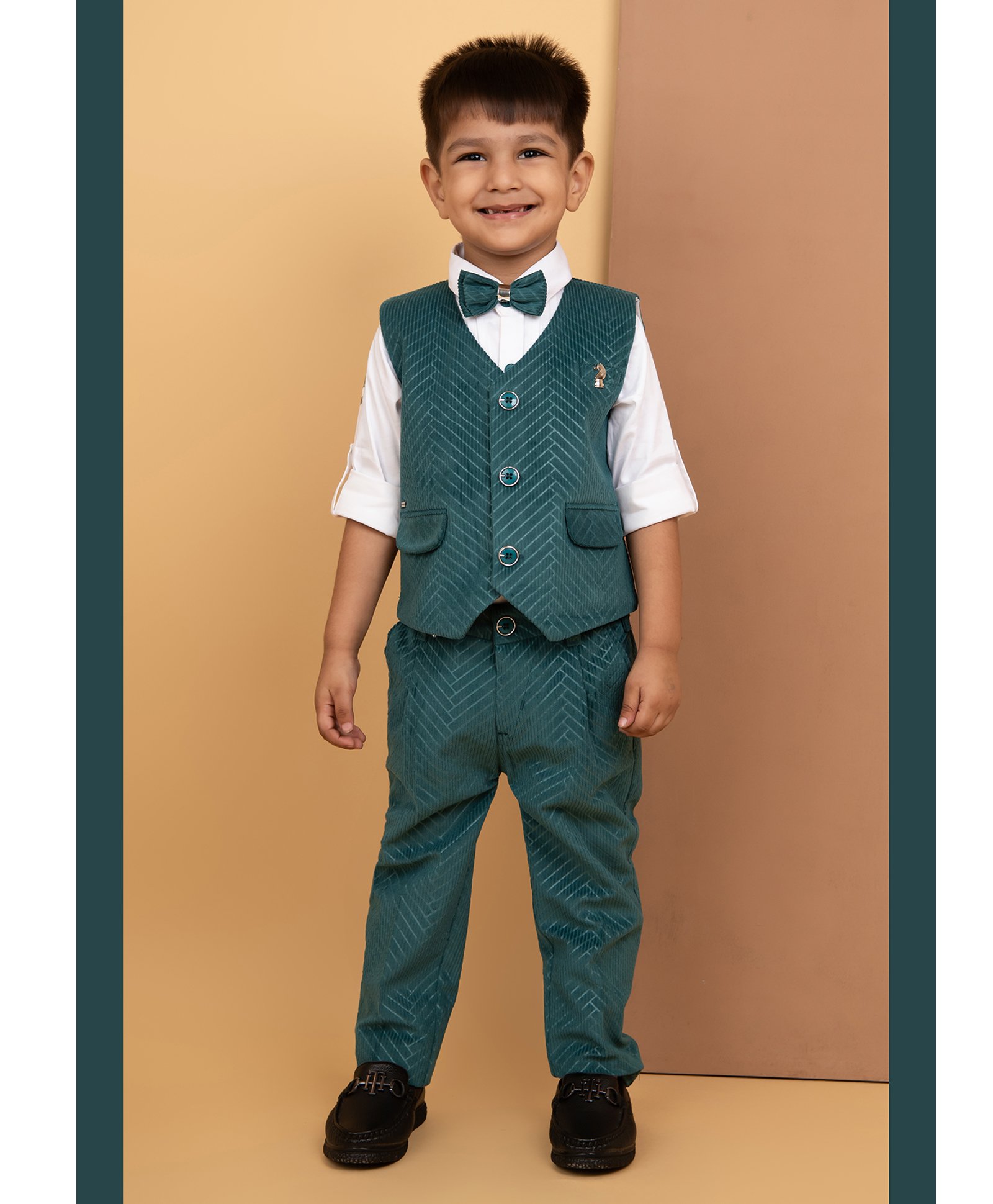 LITTLE COLLARS Velvet Full Sleeves Chevron Printed 3 Piece Party Suit With Bow Set - Teal Blue-picture-22
