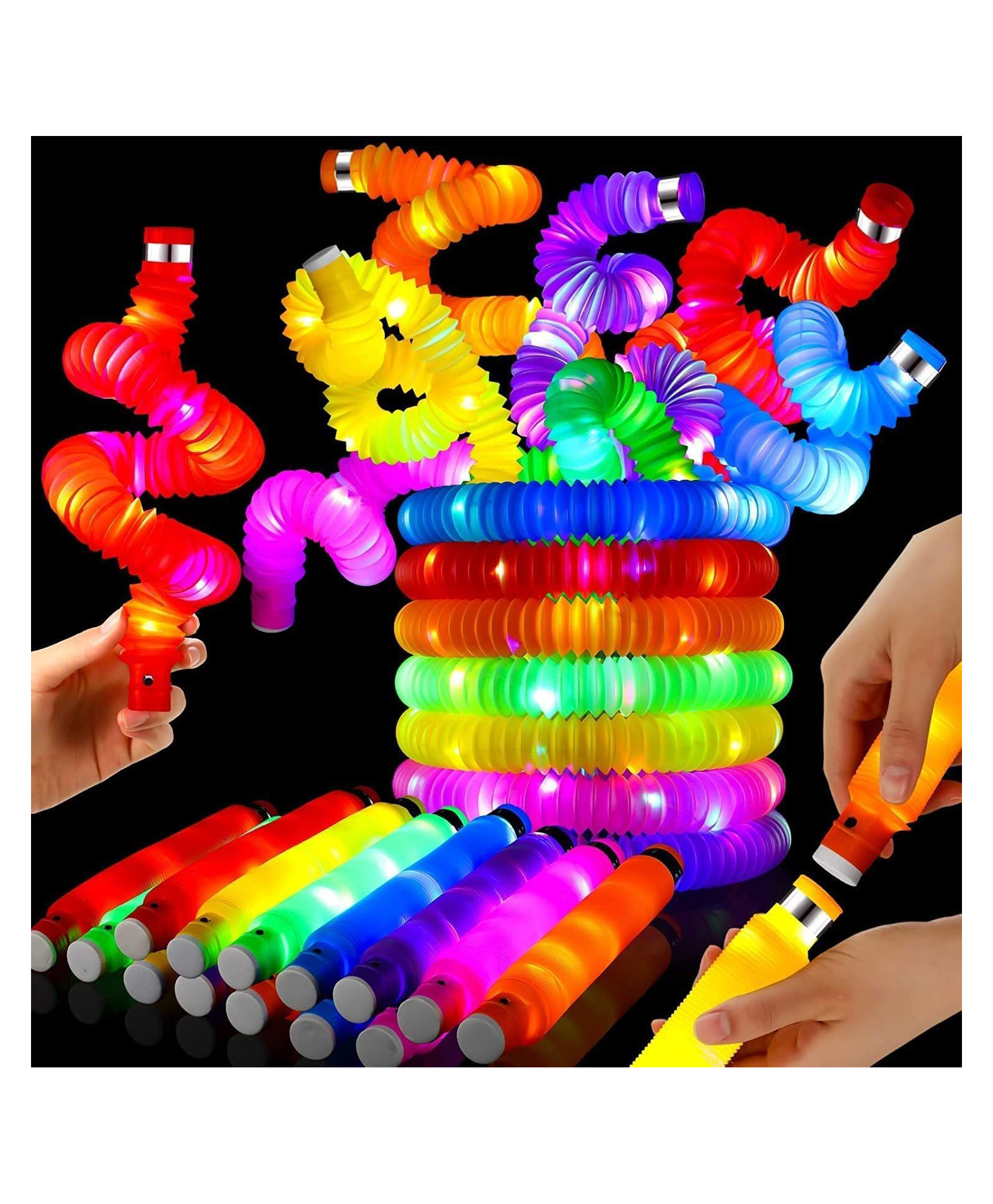 SUPER TOY 6 Light Up Pop Tubes Glow Stick in The Dark Party Favors Stretchy Pipe Toy for Kids & Adults