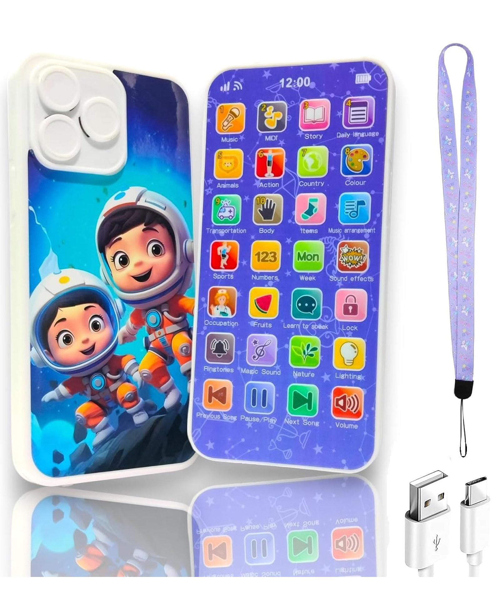 SUPER TOY 24 Modes Kids Smart Phone Toy Musical Phone Toy with Rechargeable Battery and USB Charging Cable - White