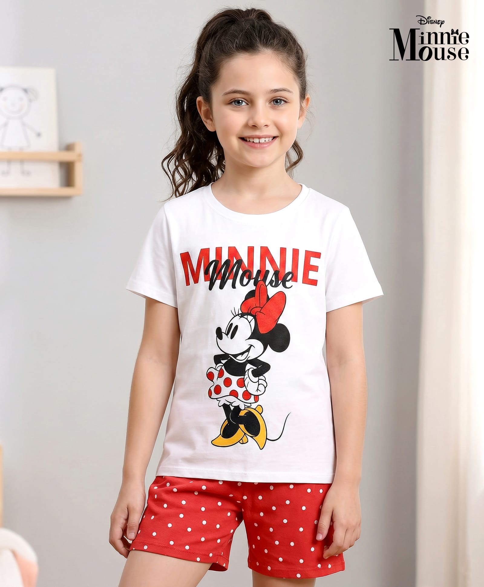HoneyHap Disney Single Jersey Knit Half Sleeves Shorts Night Suit With Minnie Mouse Graphics - White & Red-image-37