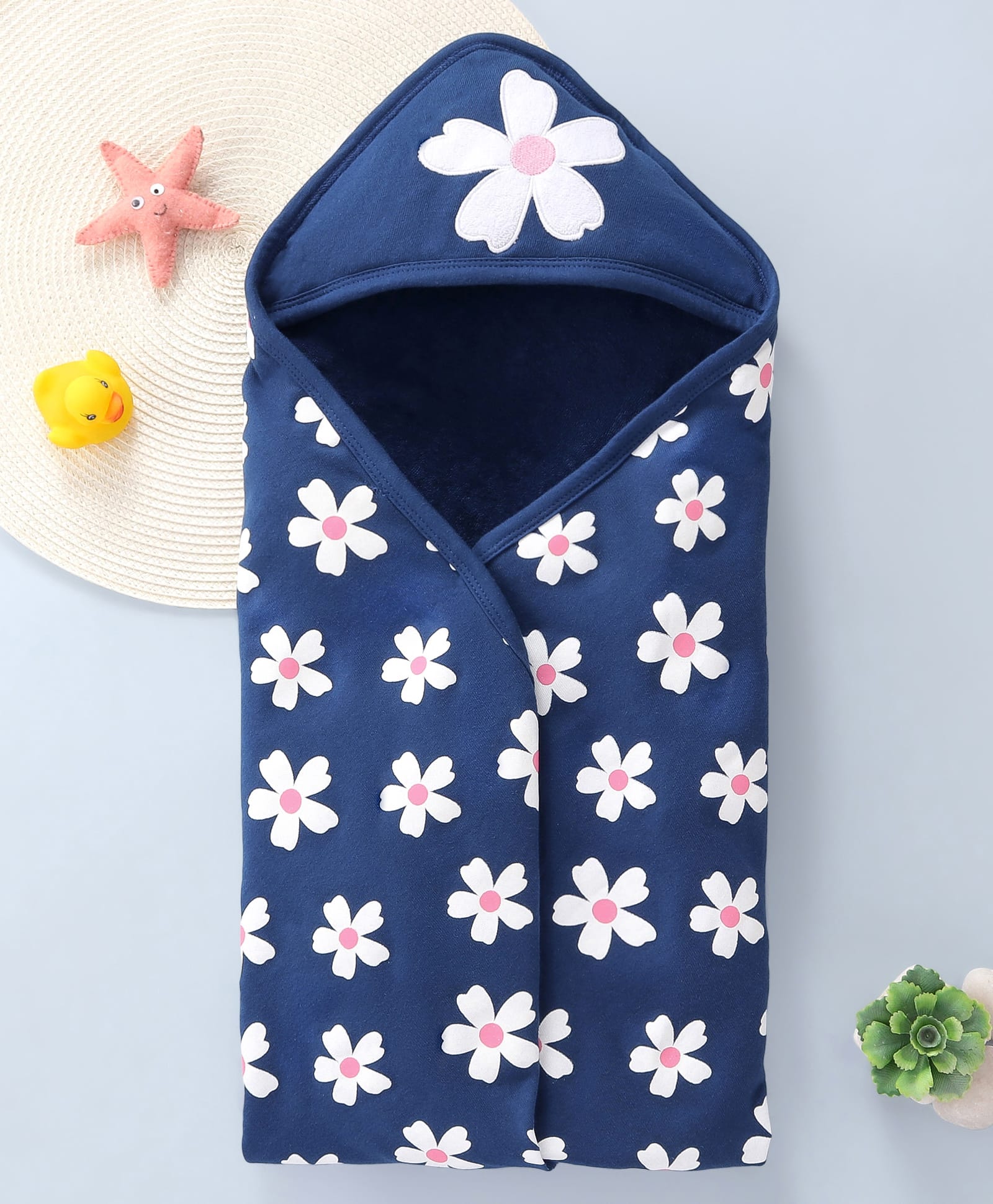 Babyhug Terry Knit Hooded Towel With Floral Print L 78 x B 70 cm - Navy Blue-image-45