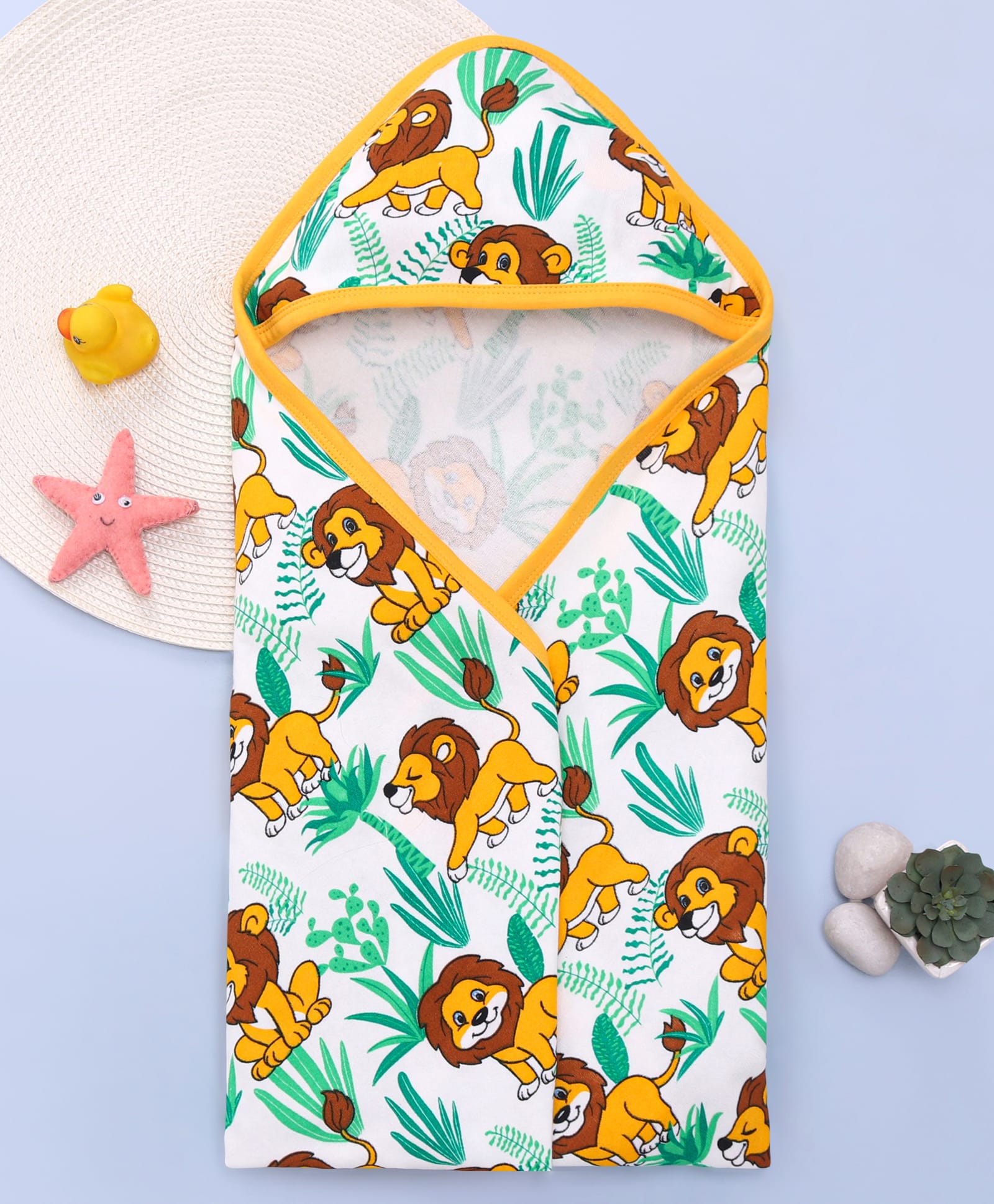 Babyhug Terry Knit Hooded Wrapper With Lion Print L 73 x B 73 cm - Yellow-image-35