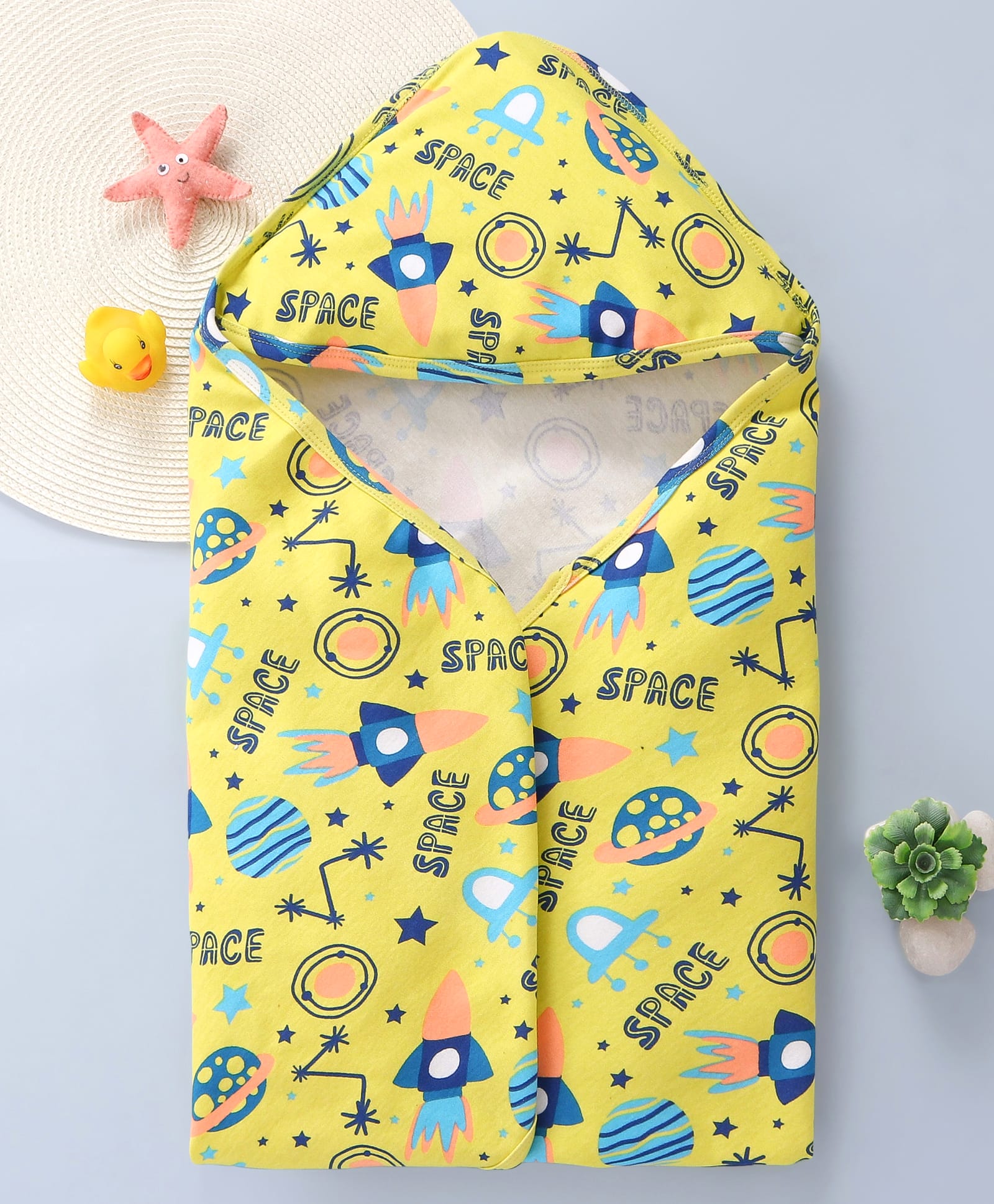 Babyhug Interlock Knit Hooded Wrapper with Space Theme Print L 76 x B 76 cm - Yellow-image-31