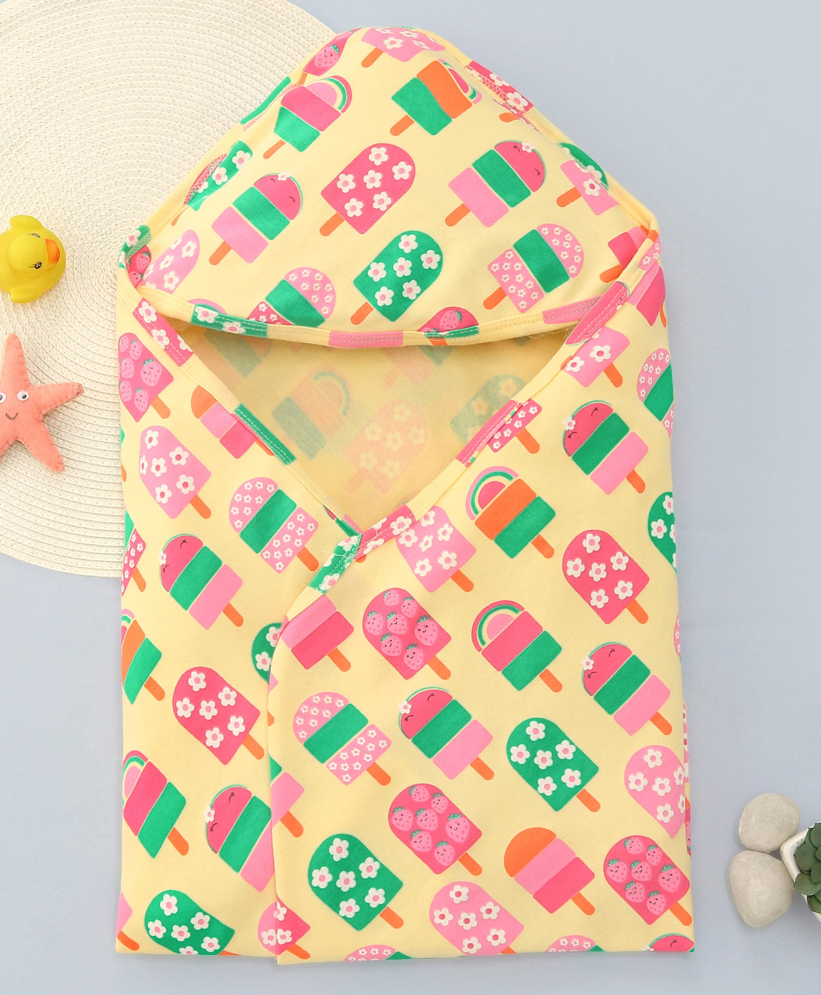 Babyhug Interlock Knit Hooded Wrapper with Popsicle Print L 76.2 x B 76.2 cm - Yellow-image-26