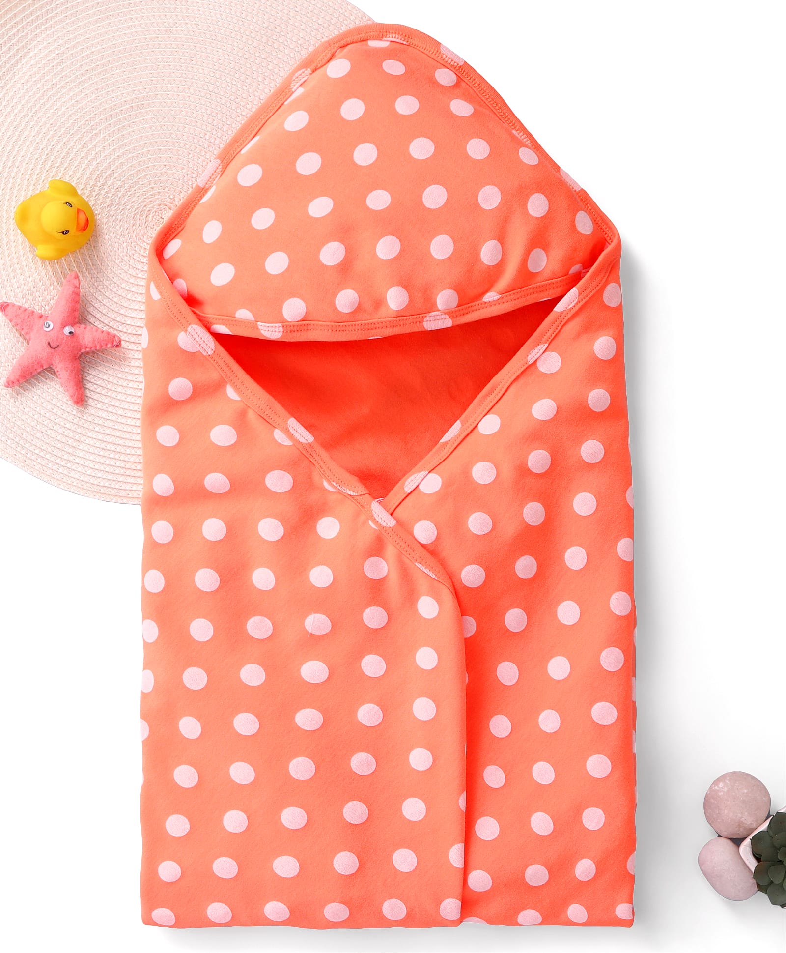 Babyhug Terry Knit Wrapper With Polka Dots Print & Hood L 76 X B 76 cm-Orange-image-41