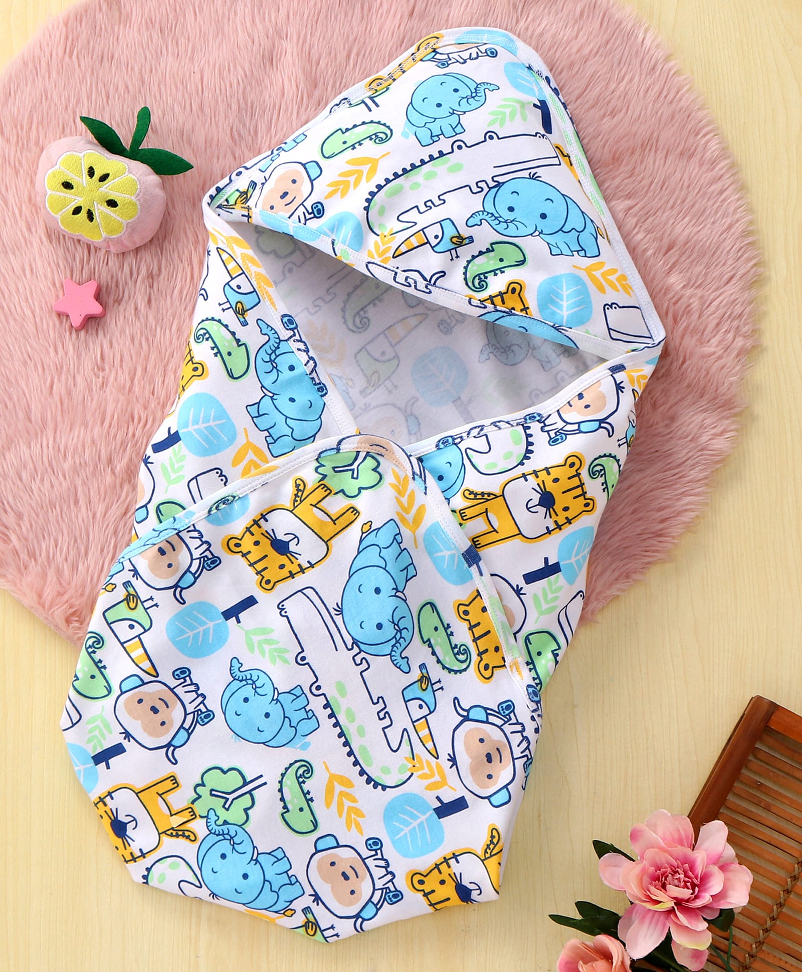 Babyhug Interlock Terry Knit Wrapper with Animal Print & Hood L 75 x B 70 cm - White Yellow & Blue-picture-16