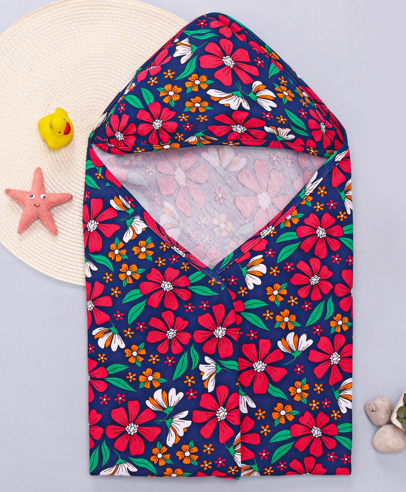 Babyhug Interlock Knit Hooded Towel with Floral Print L 76.2 x B 76.2 cm - Navy-picture-27