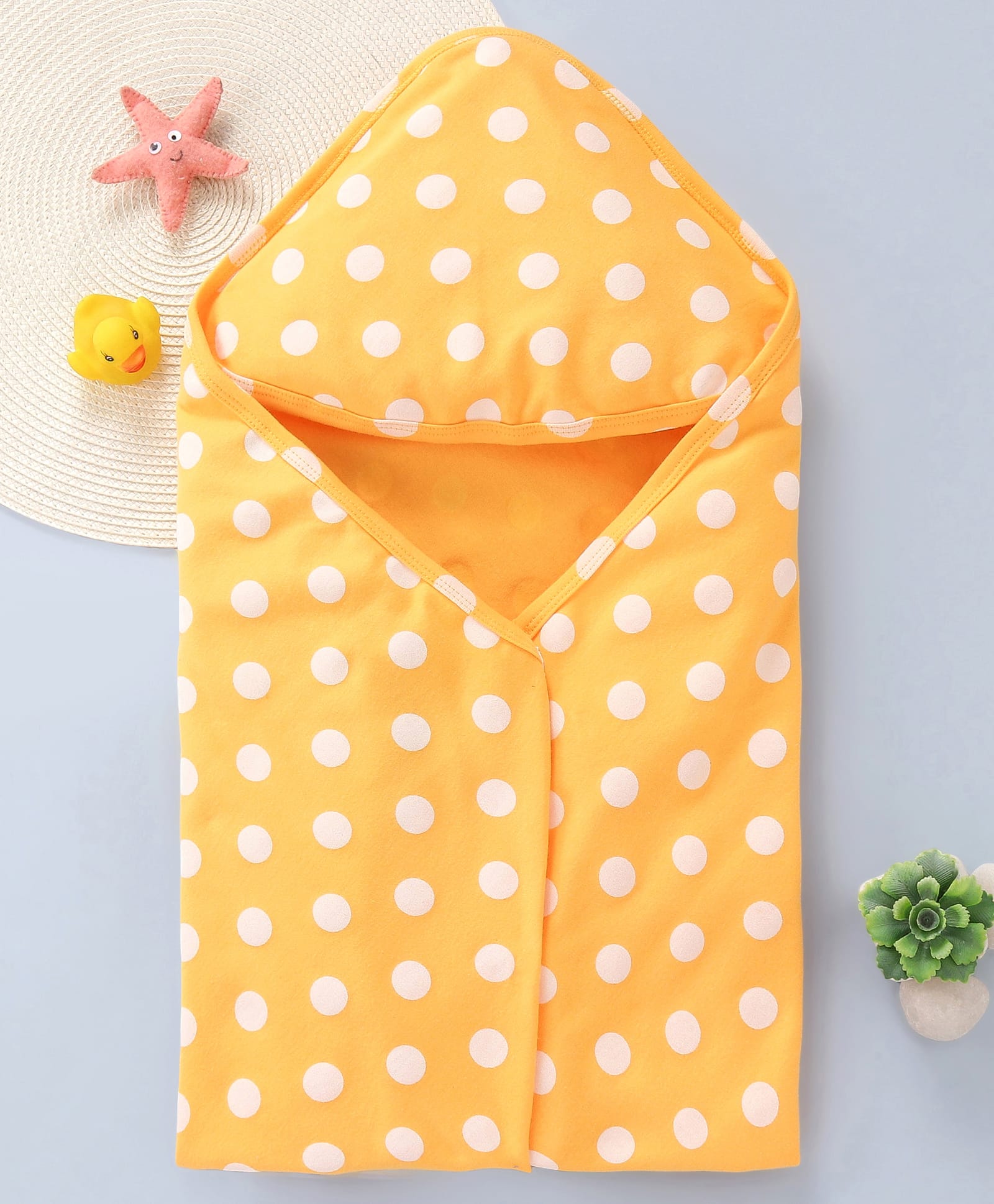 Babyhug Interlock Knit Hooded Wrapper with Polka Dots Print L 76 x B 76 cm - Yellow-image-30