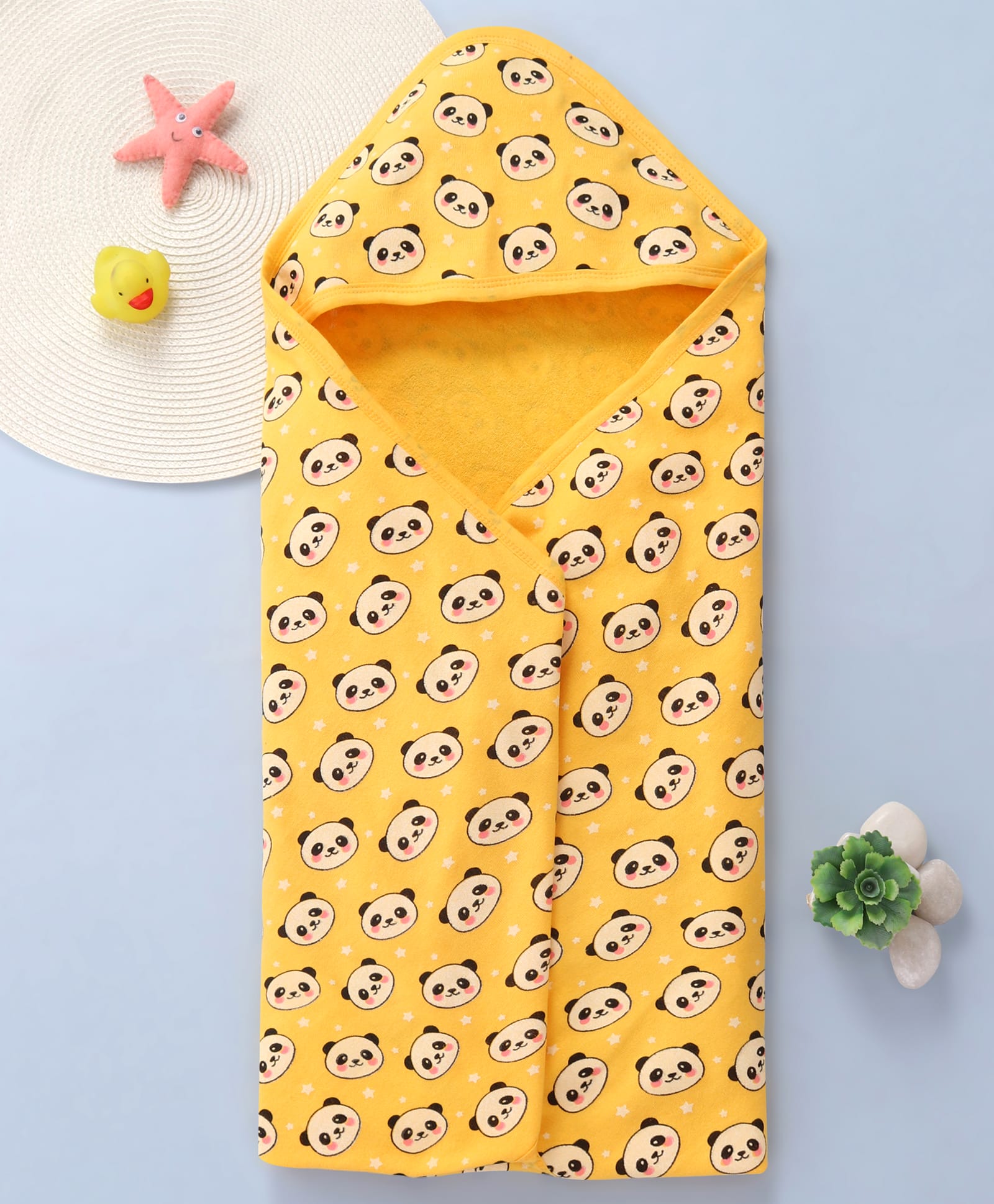 Babyhug Cotton Knit Hooded Towel with With Panda Print L 30 x B 30 cm -Yellow-image-33