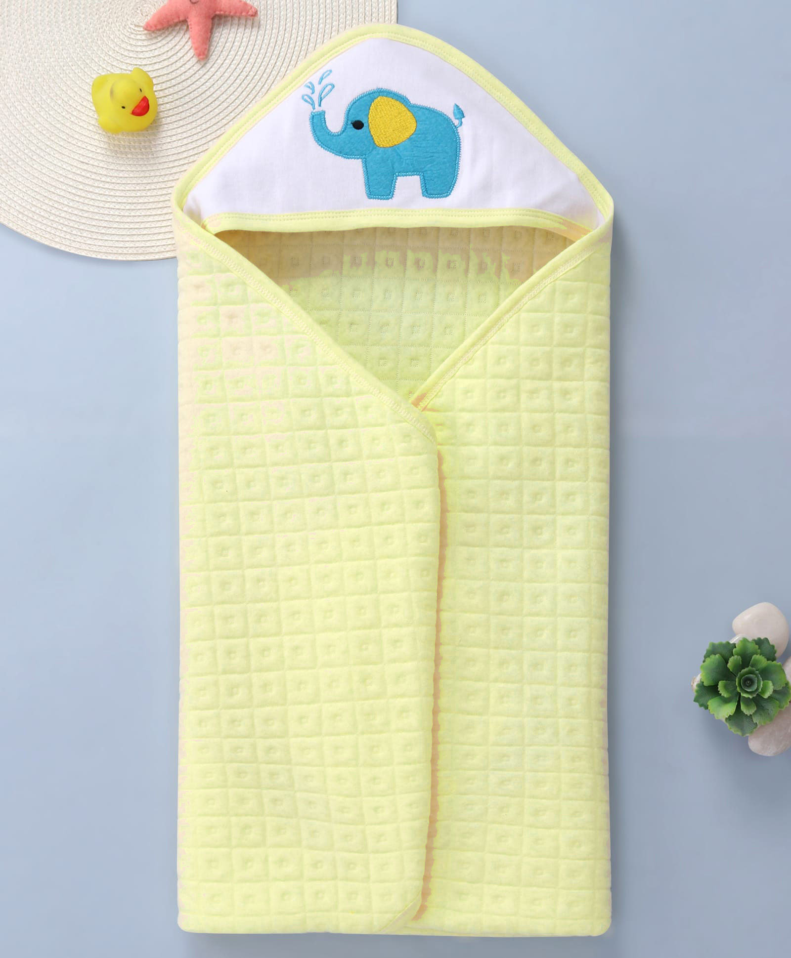 Babyhug Cotton Knit JacquardHooded Wrapper With Animal Embroidery Patch L 30 x B 30 cm -Cream-image-7
