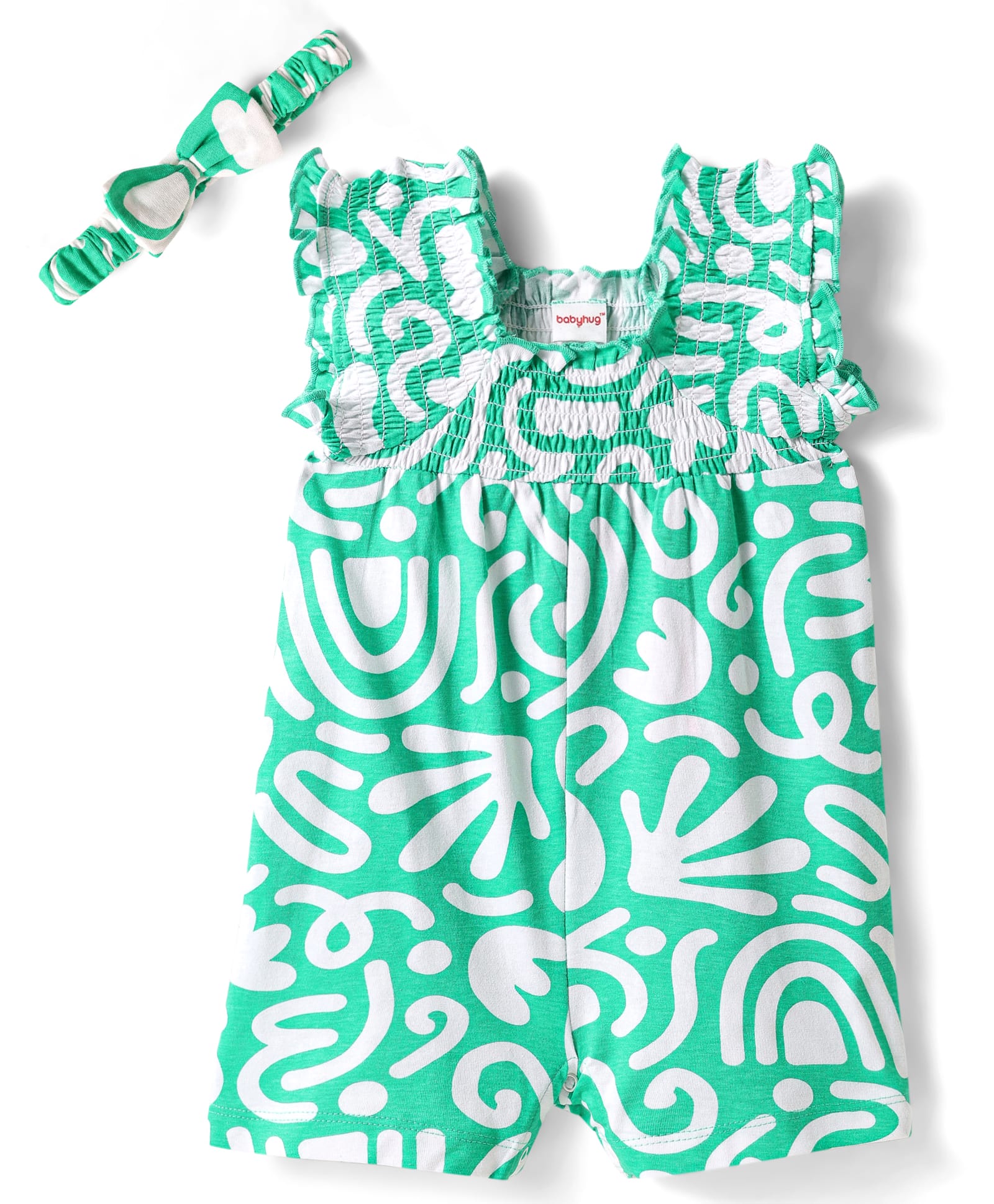 Babyhug Cotton Knit Sleeveless Printed Jumpsuit With Headband - Light Green-picture-10
