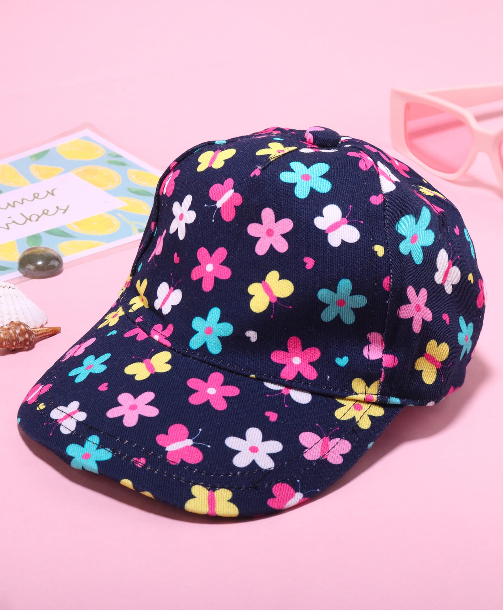 Babyhug Cotton Woven Cap With Floral Print Navy Blue - Diameter 16 cm-picture-27