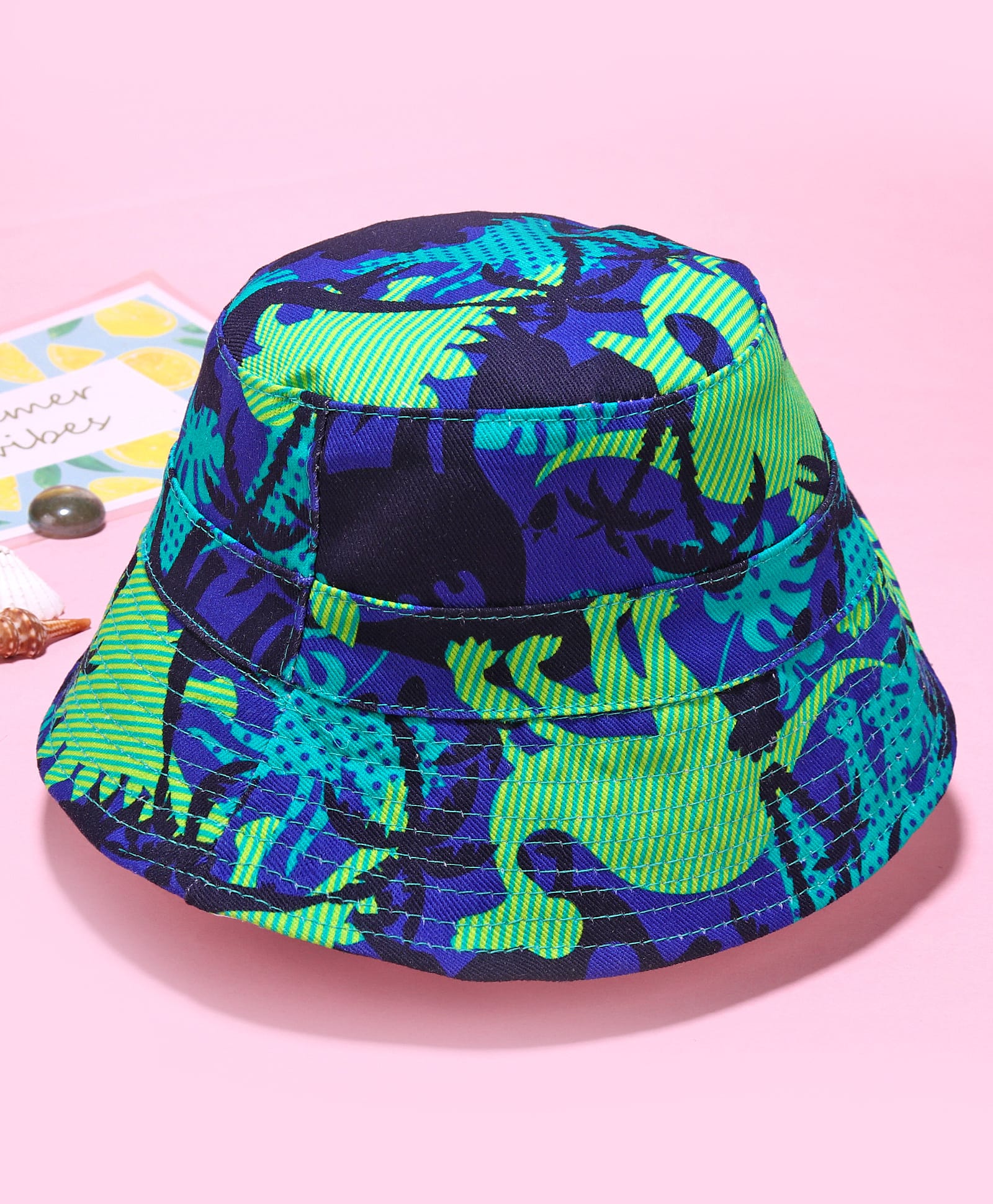 Babyhug Cotton Woven Bucket Hat With Leaves Print Blue - Diameter 16 cm-image-43