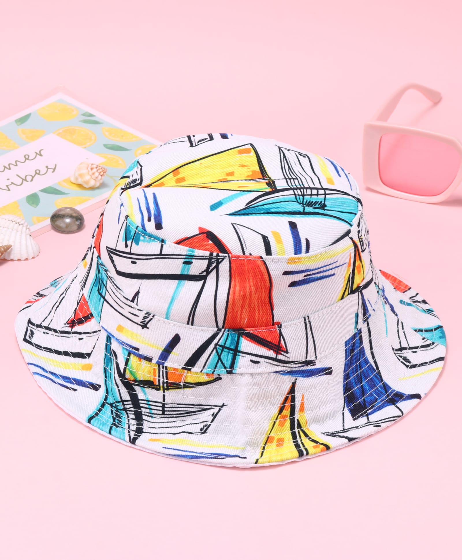 Babyhug Two Layer Bucket Hat with Abstract Print White Orange & Blue - Diameter 17 cm-picture-18