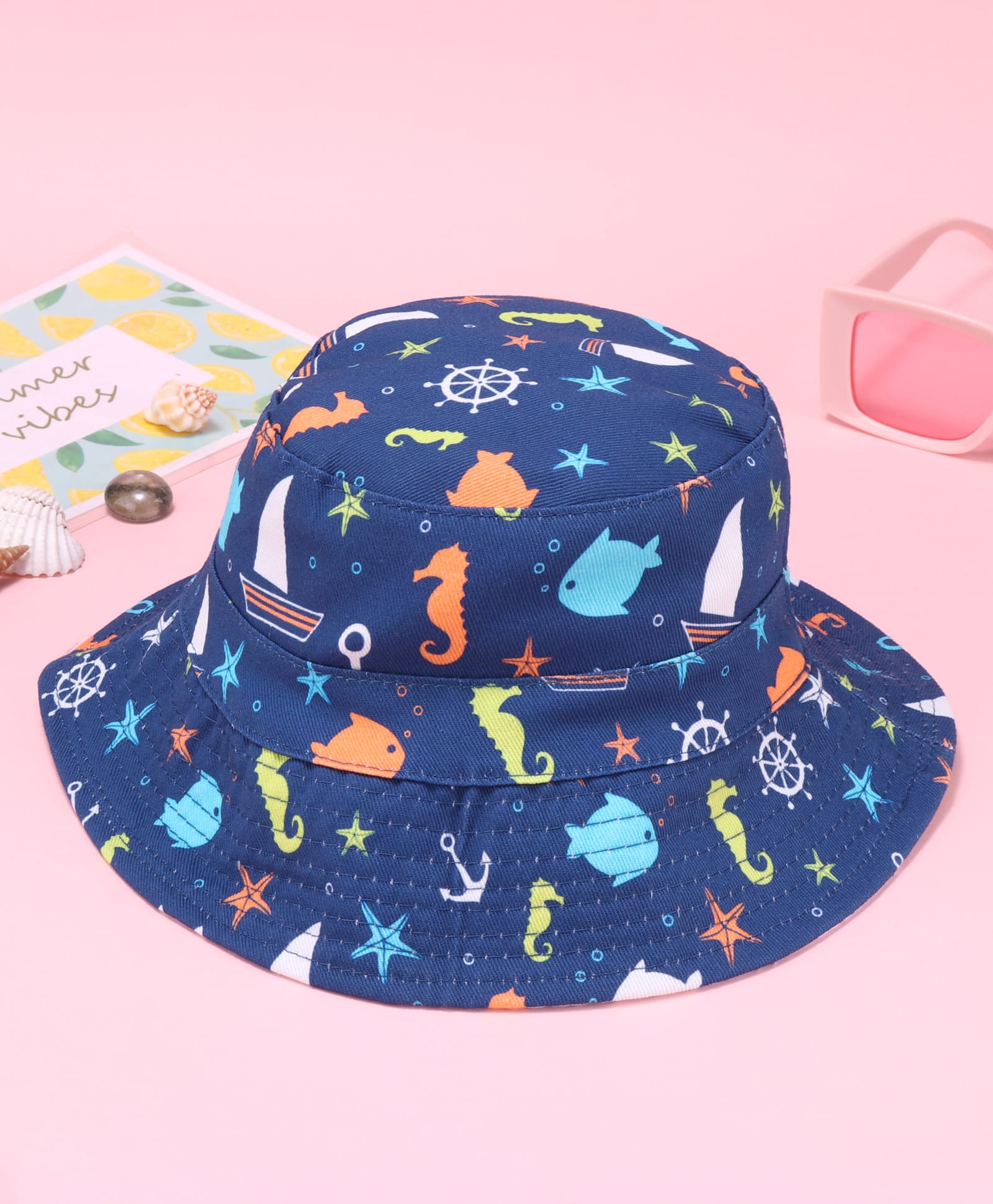 Babyhug Two Layer Bucket Hat with Sea Life Print Navy Blue - Diameter 17 cm-picture-28
