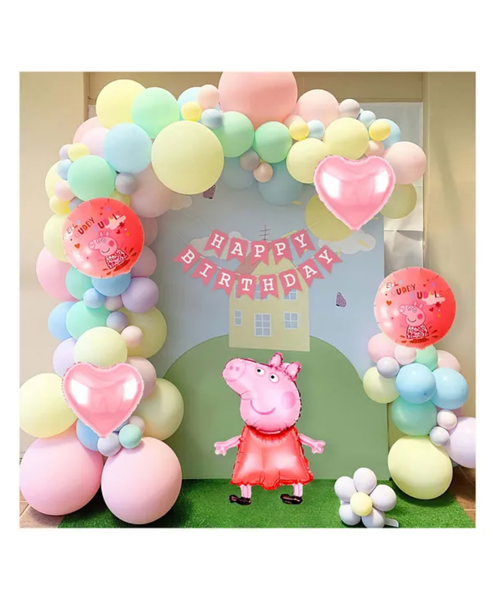 Bubble Trouble Birthday Decoration DIY Combo Kit Peppa Pig Theme with Happy birthday banner Peppa Pig Foil Balloon Set Pastel Pink Purple Blue Green & Yellow Balloons Multicolor- Pack of 58 Items-image-48