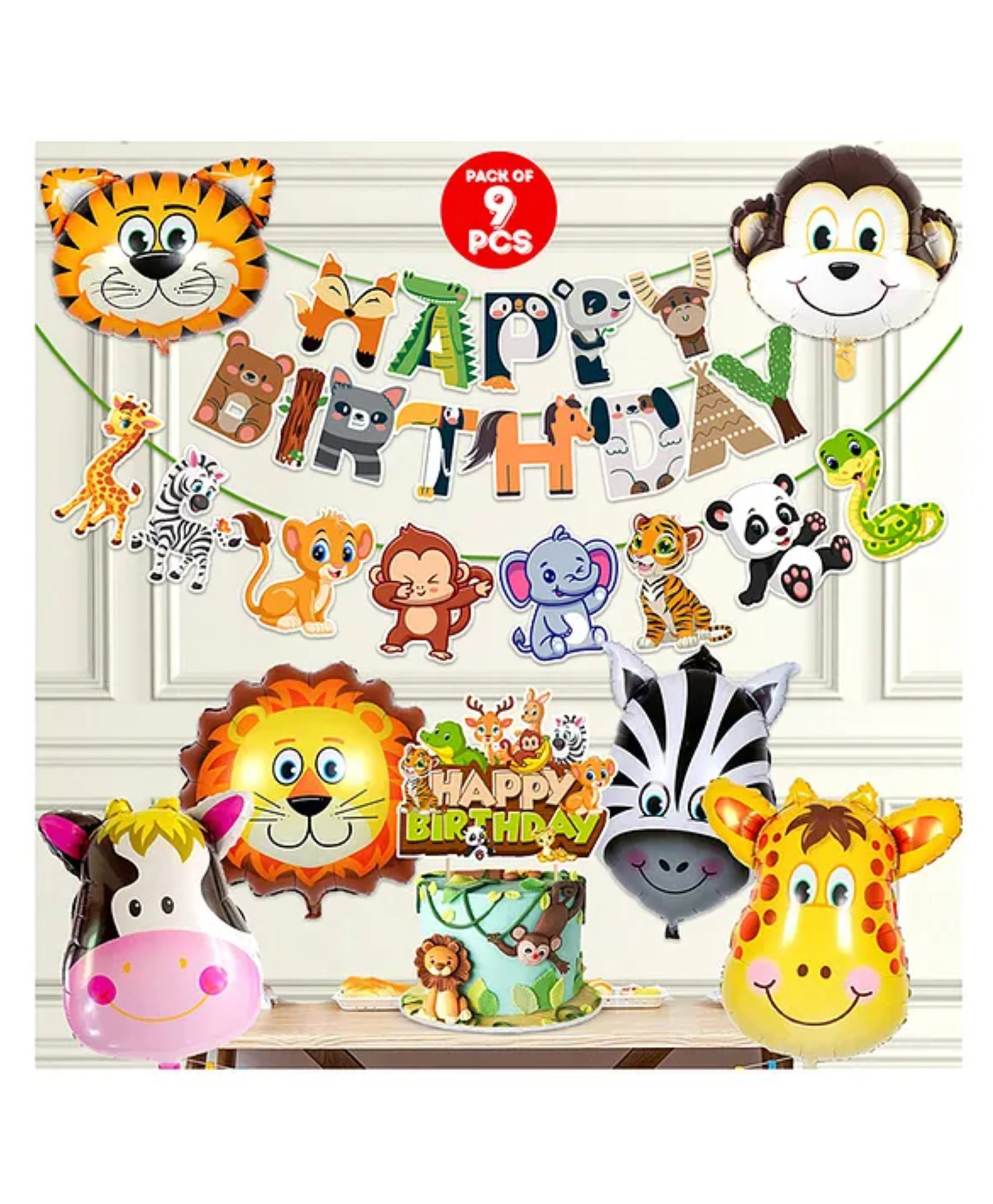 Bubble Trouble Jungle Safari Happy Birthday Decoration Kids,Animal Birthday Decoration, Green - Pack of 9