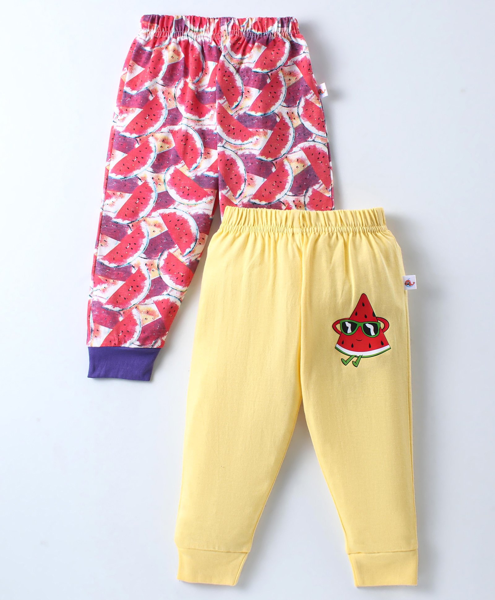 BUMZEE Cotton Knit Full Length Lounge Pants with Watermelon Print Pack of 2 - Yellow & Red-image-25