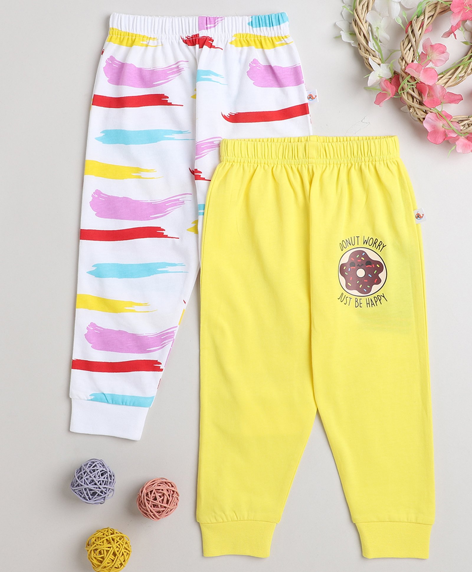 BUMZEE Cotton Knit Full Length Lounge Pants withAbstract & DonoutPrint Pack of 2 - White & Yellow-picture-28