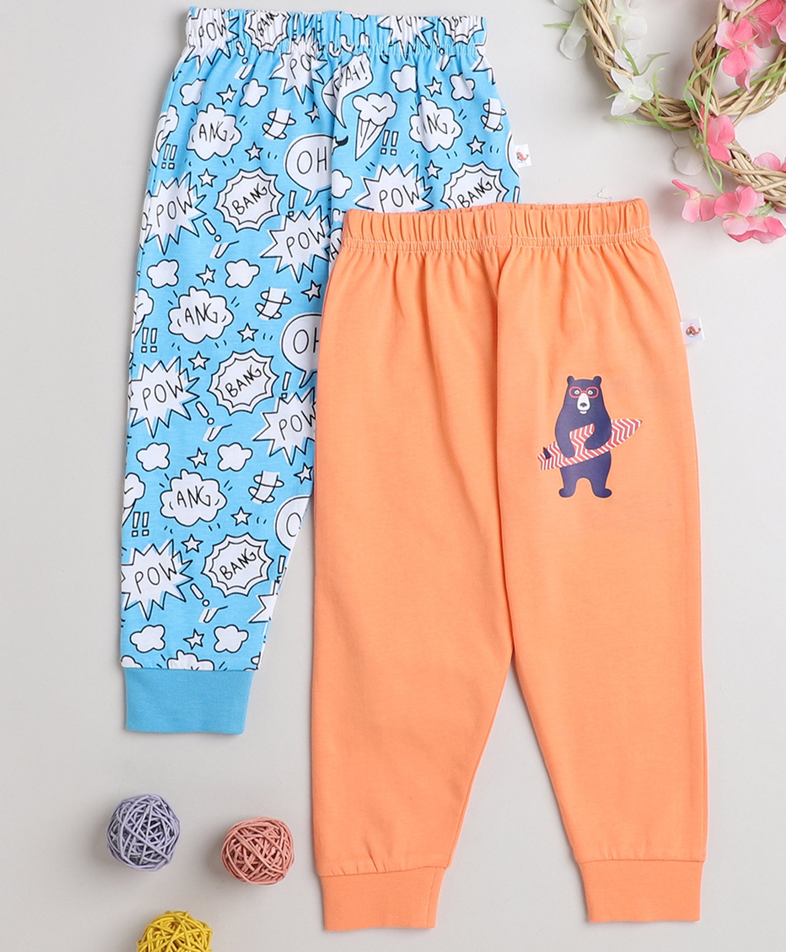 BUMZEE Cotton Knit Full Length Lounge Pants withBear & Clouds Print Pack of 2 - Orange & Blue-picture-10