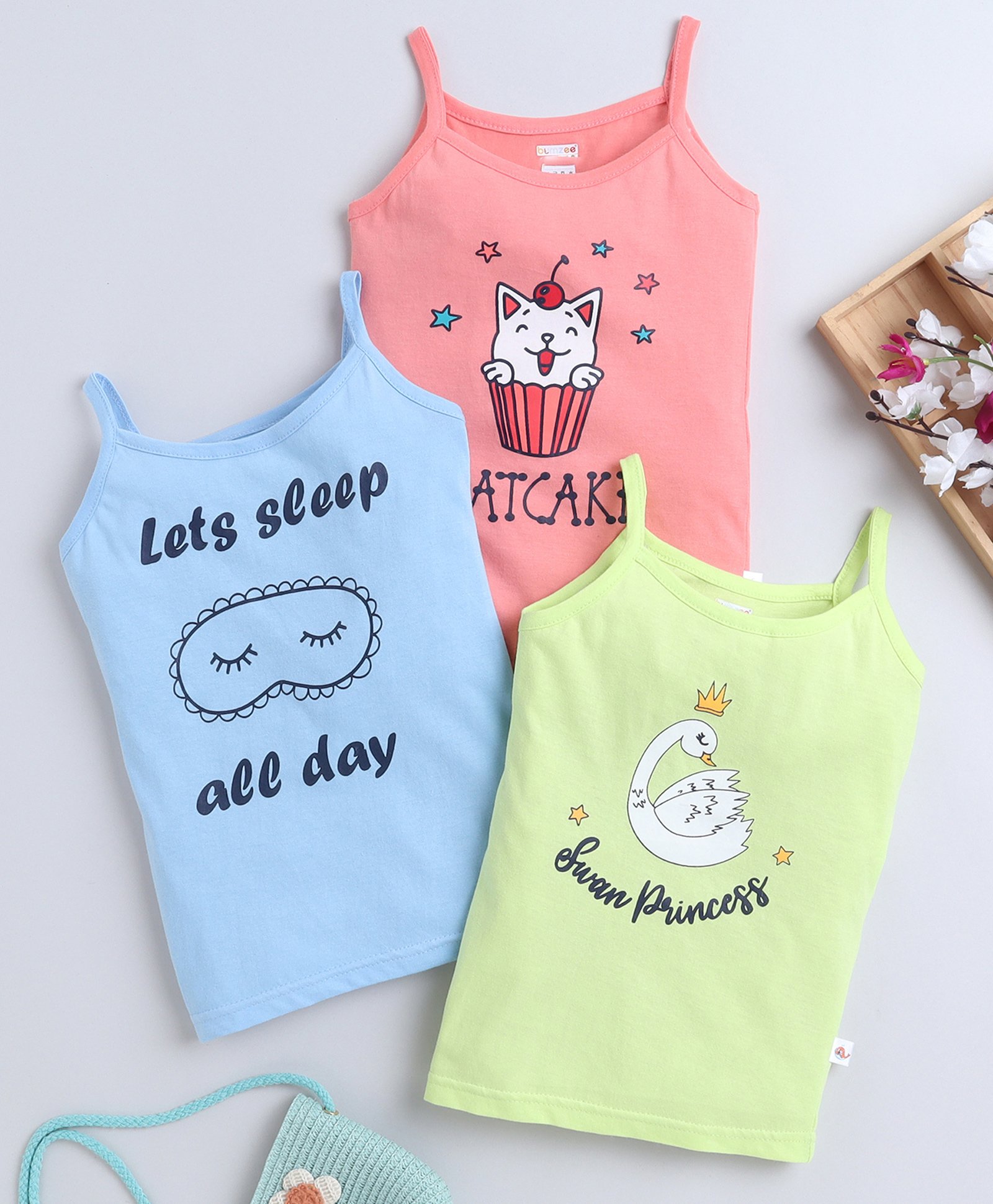 Bumzee Cotton Knit Singlet Sleeves Kitten & Bird Printed Slips Pack of 3 - Green Blue & Pink-image-23