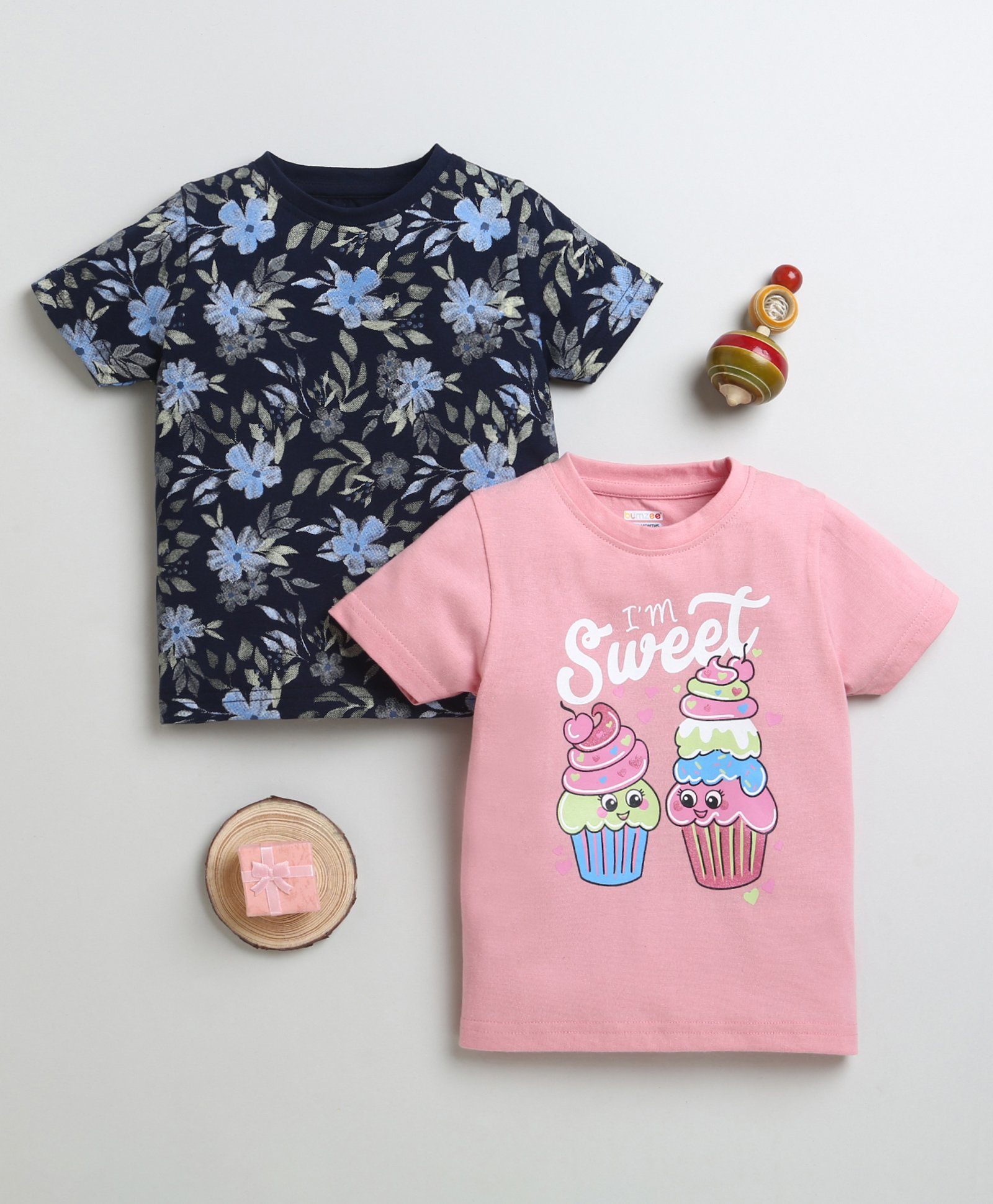 BUMZEE Cotton Knit Half Sleeves Tops with Floral & Cupcake Print Pack Of 2 - Navy Blue & Pink-image-39