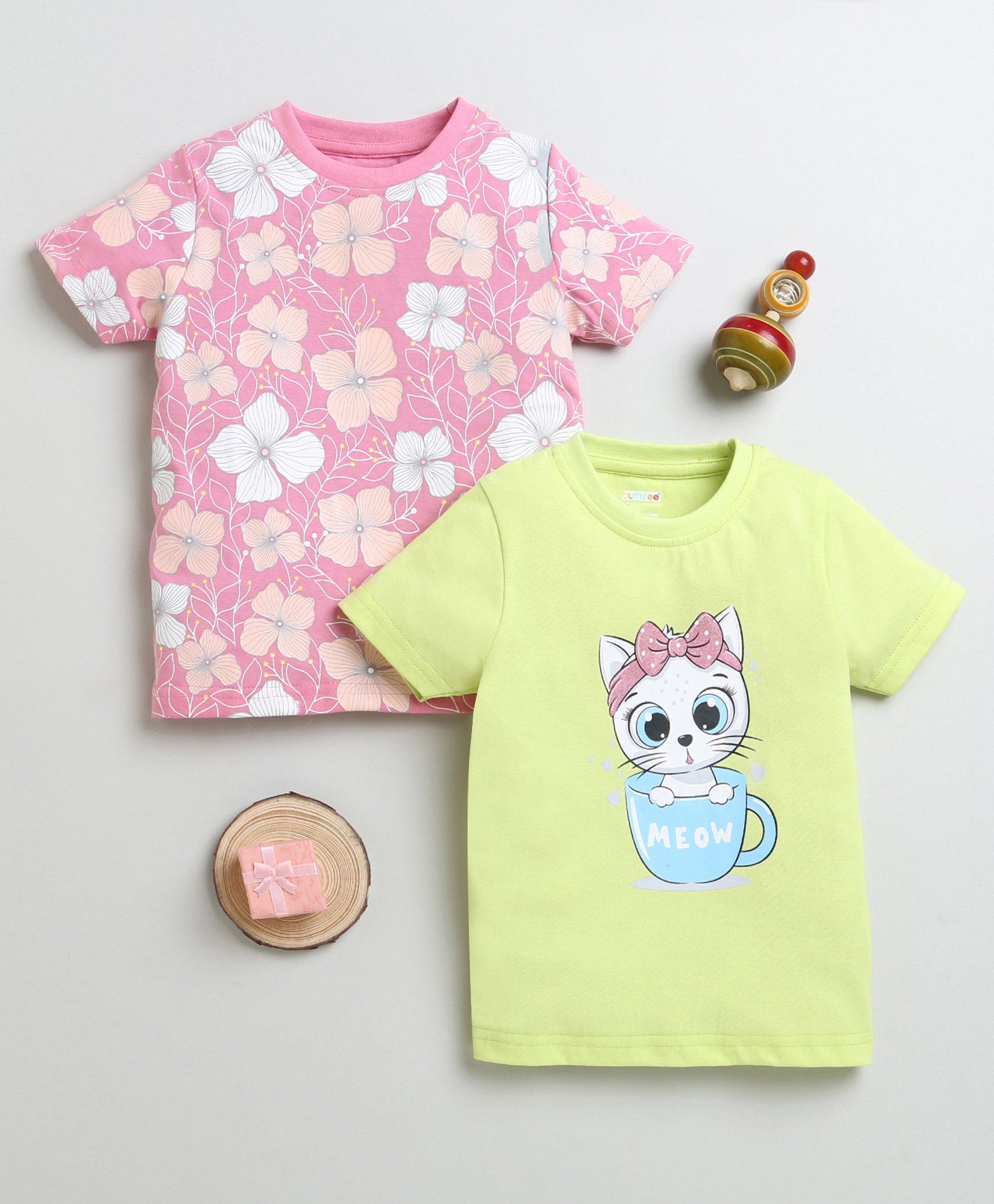 BUMZEE Cotton Knit Half Sleeves Tops with Cat & Floral Print Pack Of 2 - Pink & Limegreen-image-40