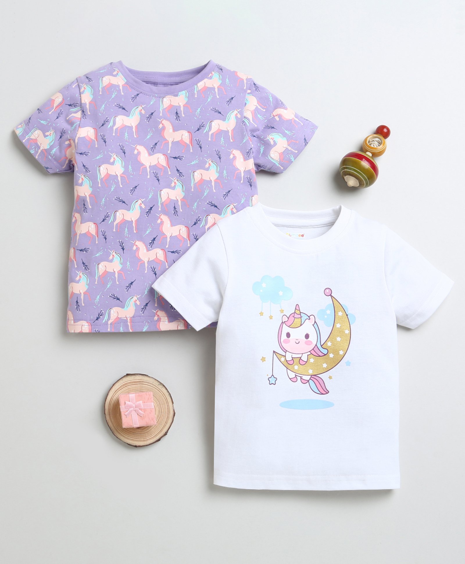 BUMZEE Cotton Knit Half Sleeves Tops with Unicorn Print Pack Of 2 - Lavender & White-image-5
