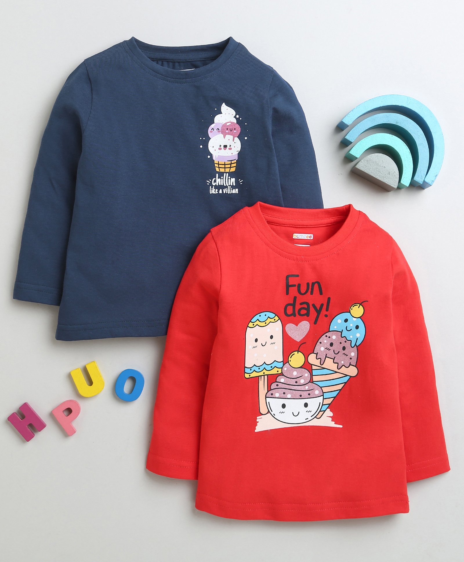 BUMZEE Cotton Knit Full Sleeves Tops with Ice-Cream Print Pack Of 2 - Navy Blue & Red-picture-28