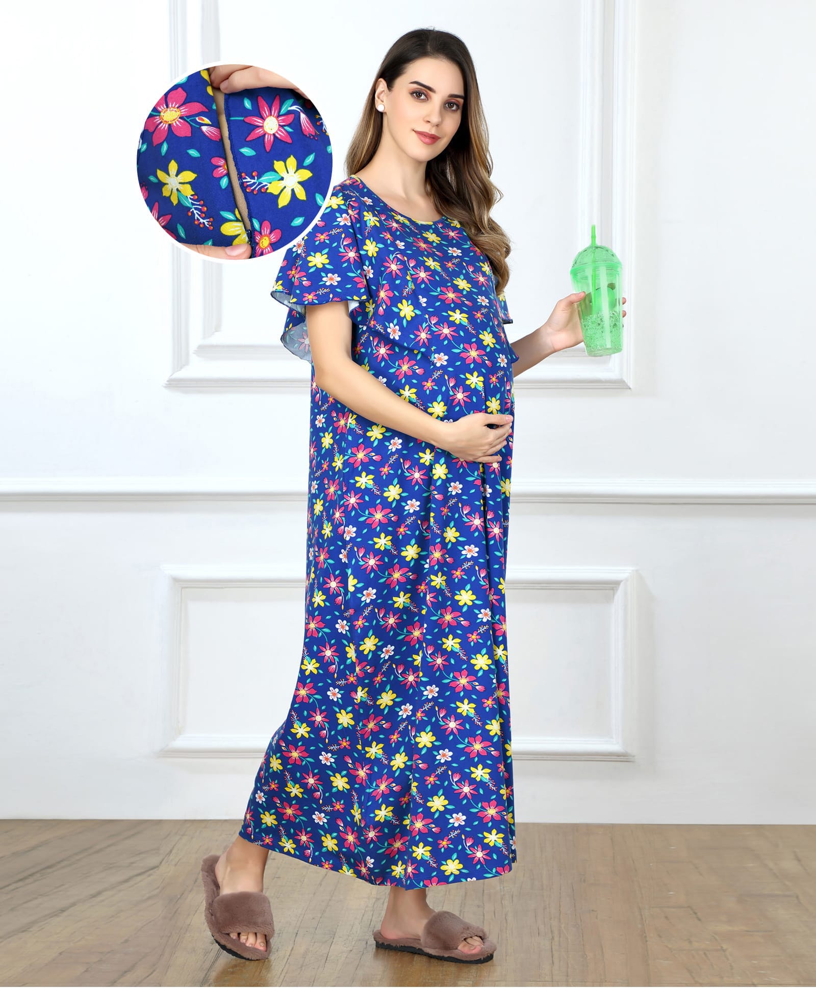 Bella Mama Cotton Knit Half Sleeves Maternity & Nursing Nighty Floral Print - Blue-image-20