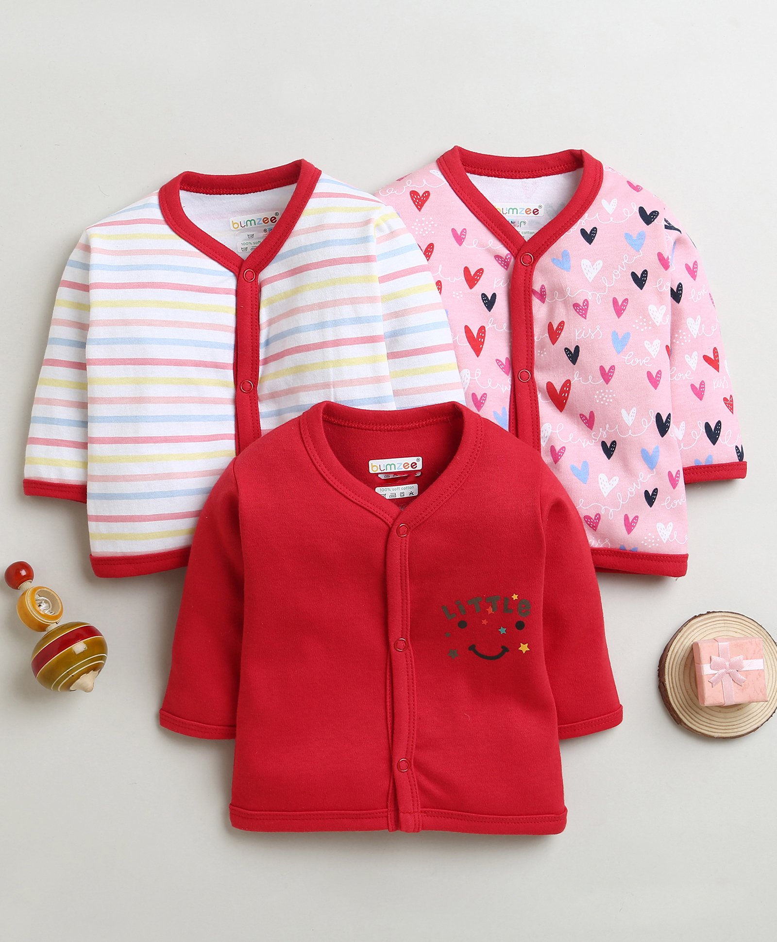 BUMZEE Cotton Knit Full Sleeves Stripes & Hearts Printed Jhablas Pack Of 3 - Red & White-image-15