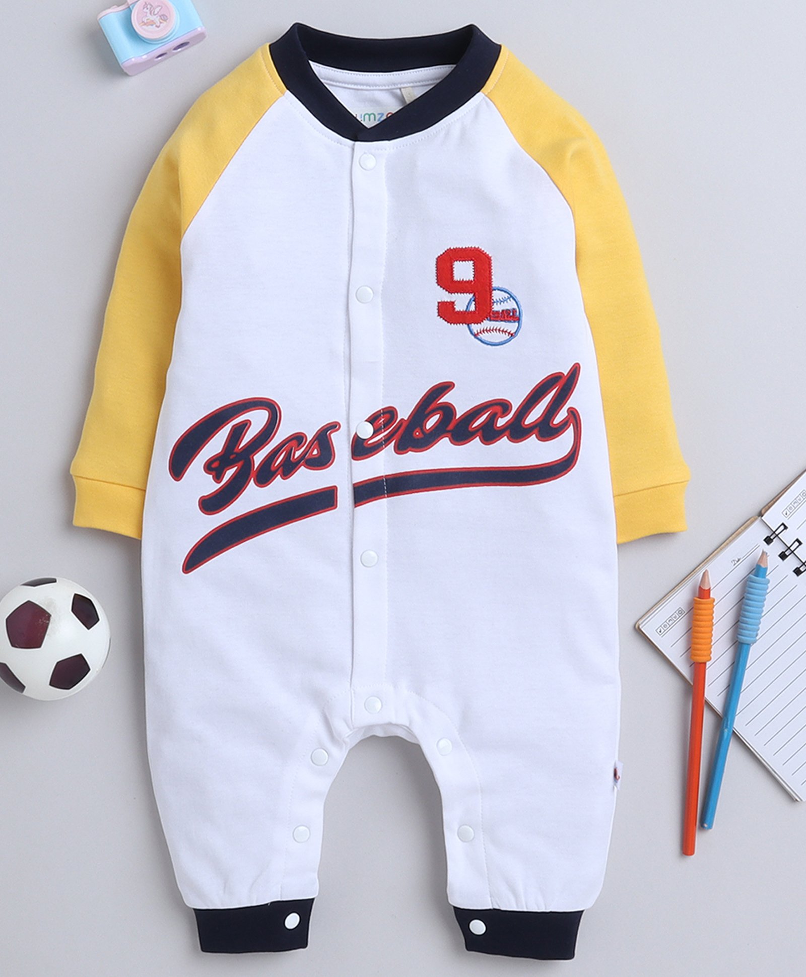 BUMZEE Interlock Woven Full Raglan Sleeves Text Printed Front Open Romper - Yellow-image-21