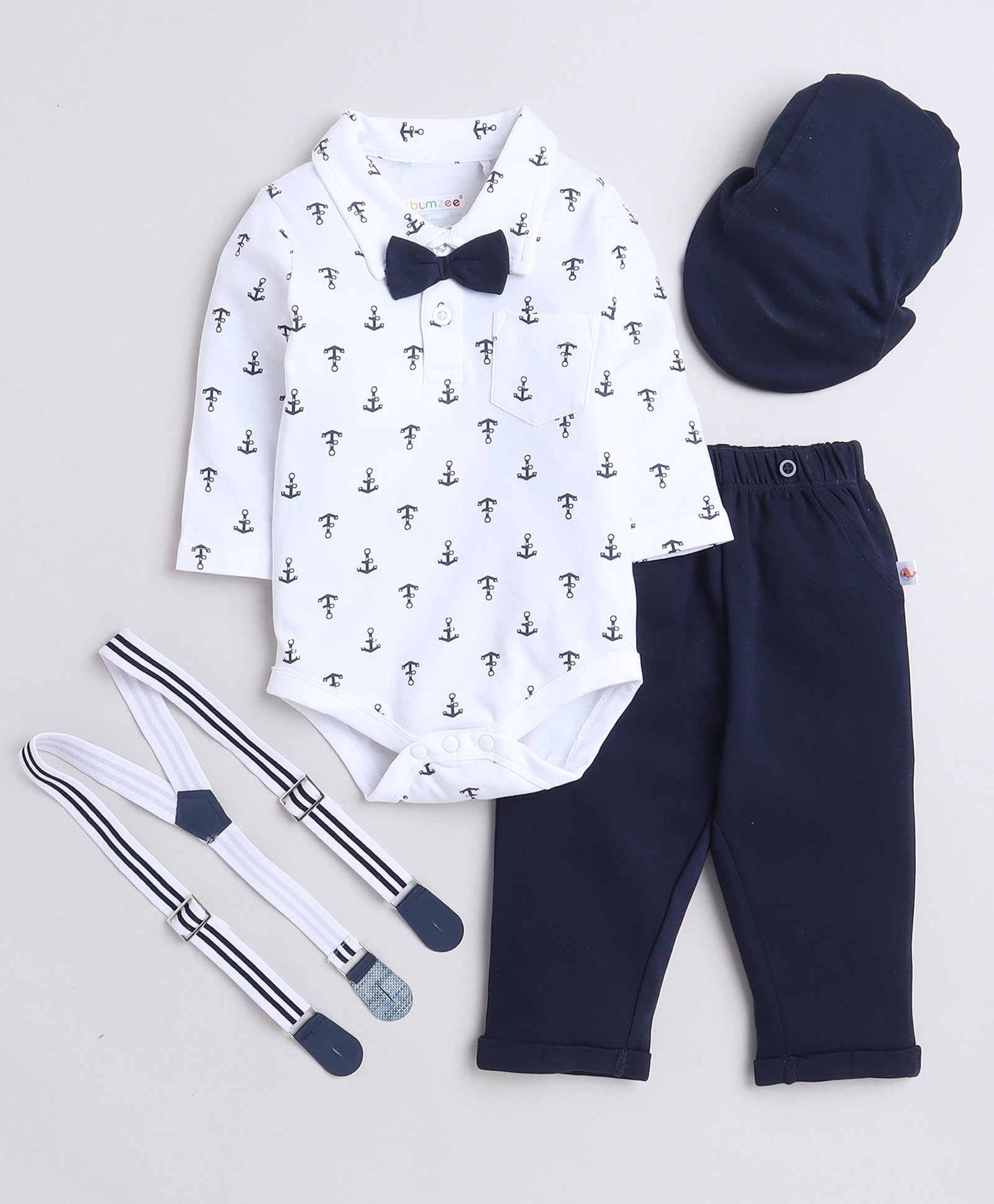 BUMZEE Cotton Knit Full Sleeves Anchor Printed Onesie With Trouser Suspender Cap & Bow Set - Navy Blue& White-image-46