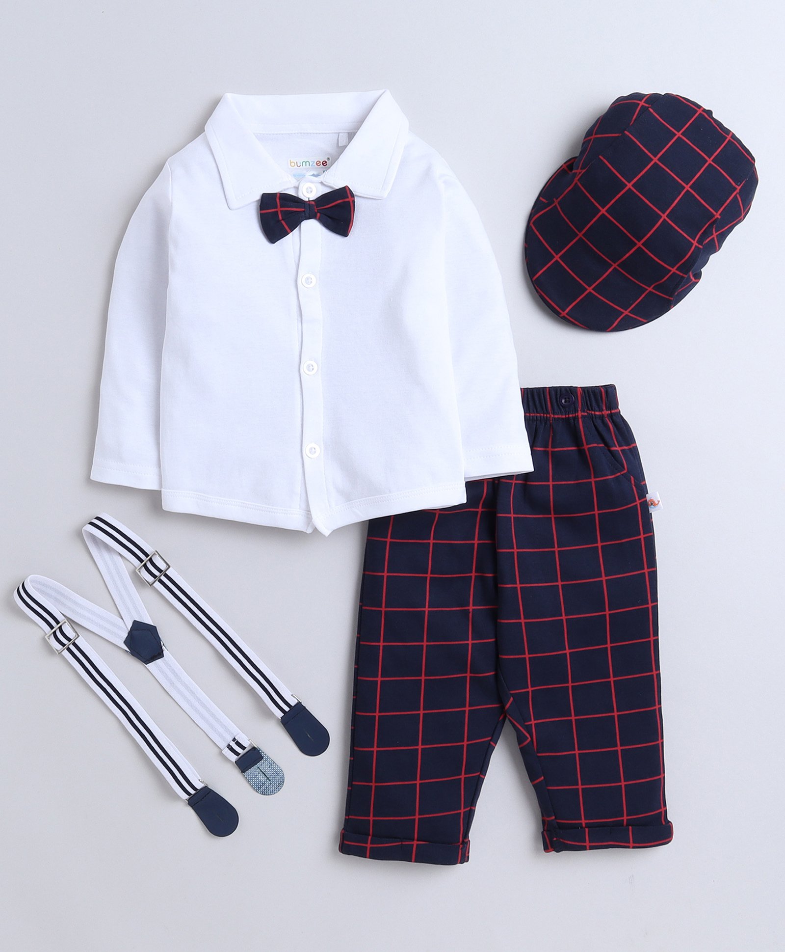 BUMZEE Cotton Woven Full Sleeves Solid Color Shirt with Checked Pant & Suspender Cap Set - Navy Blue & White-image-16